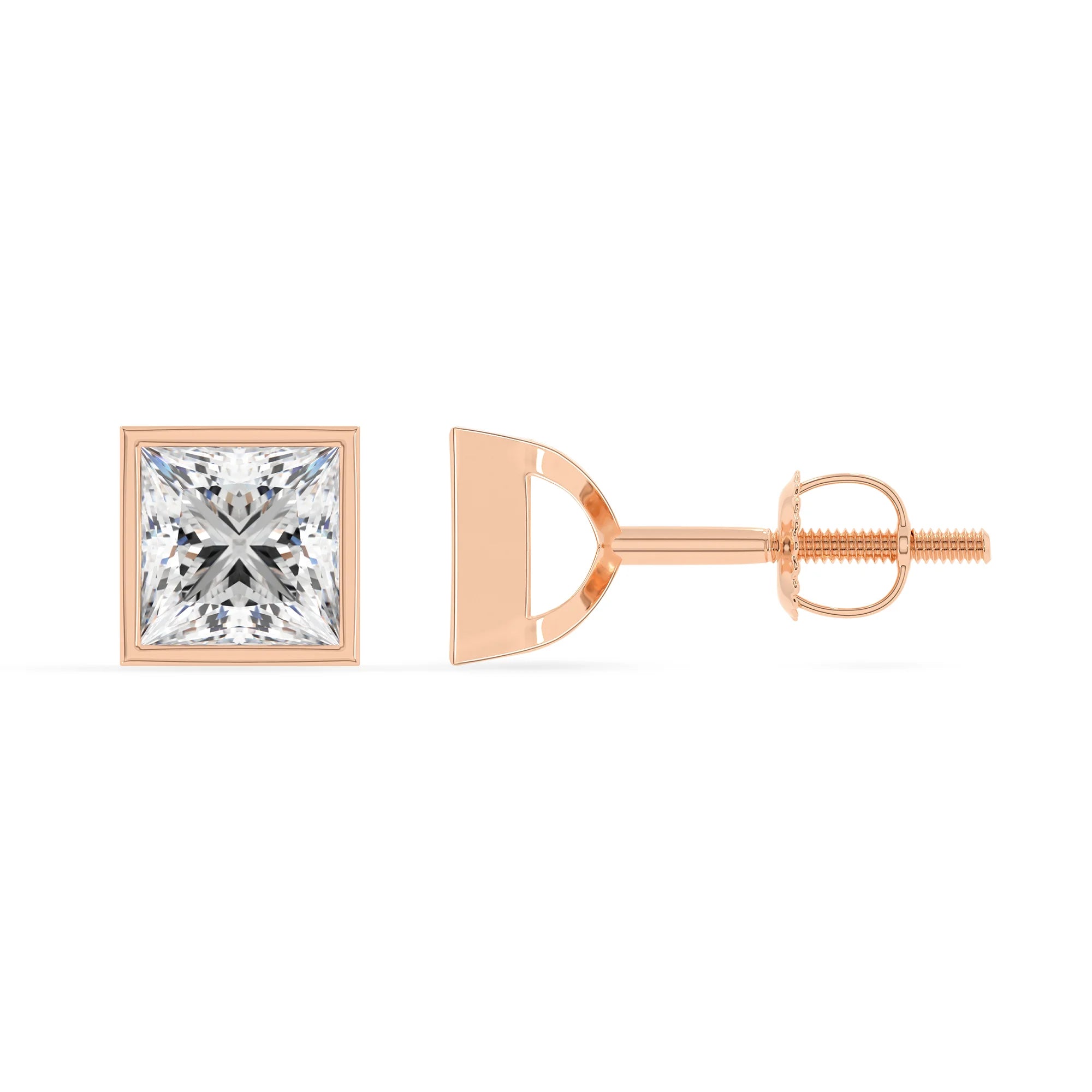 lab grown moissanite princess stud earrings in rose gold