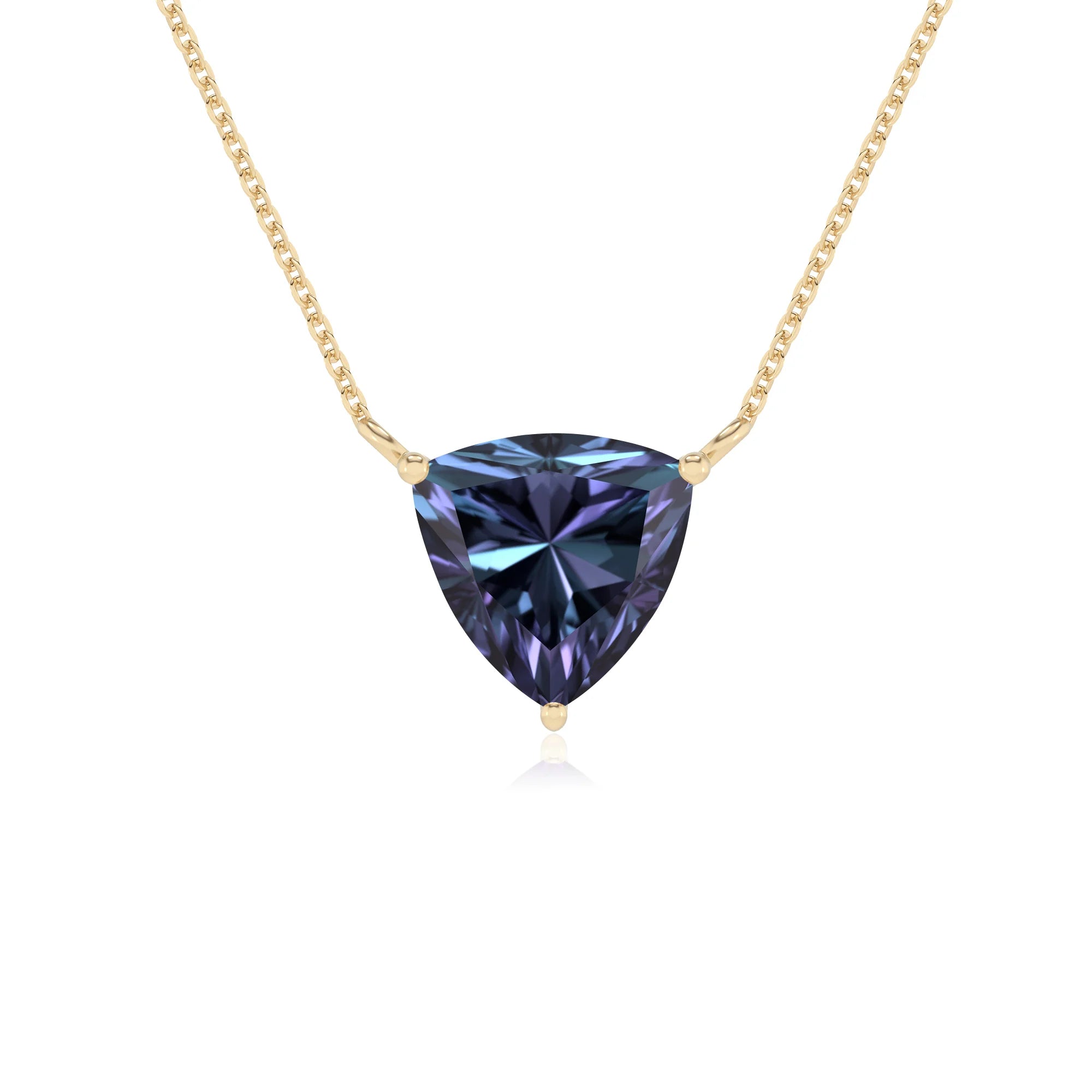 lab grown alexandrite trillion solitaire necklaces in yellow gold