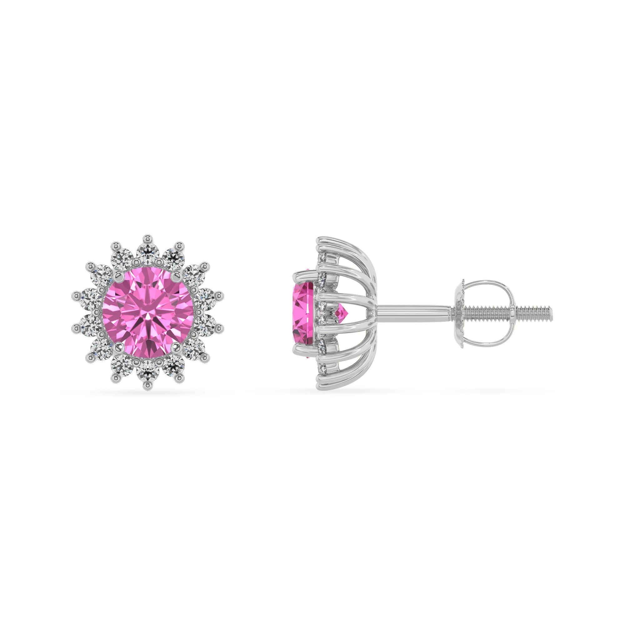 lab grown pink sapphire round stud earrings in platinum