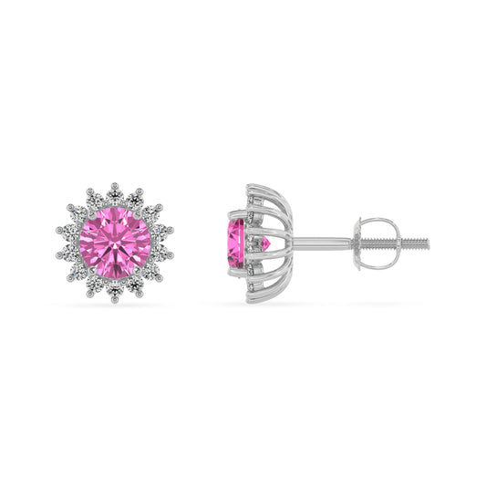 lab grown pink sapphire round stud earrings in platinum
