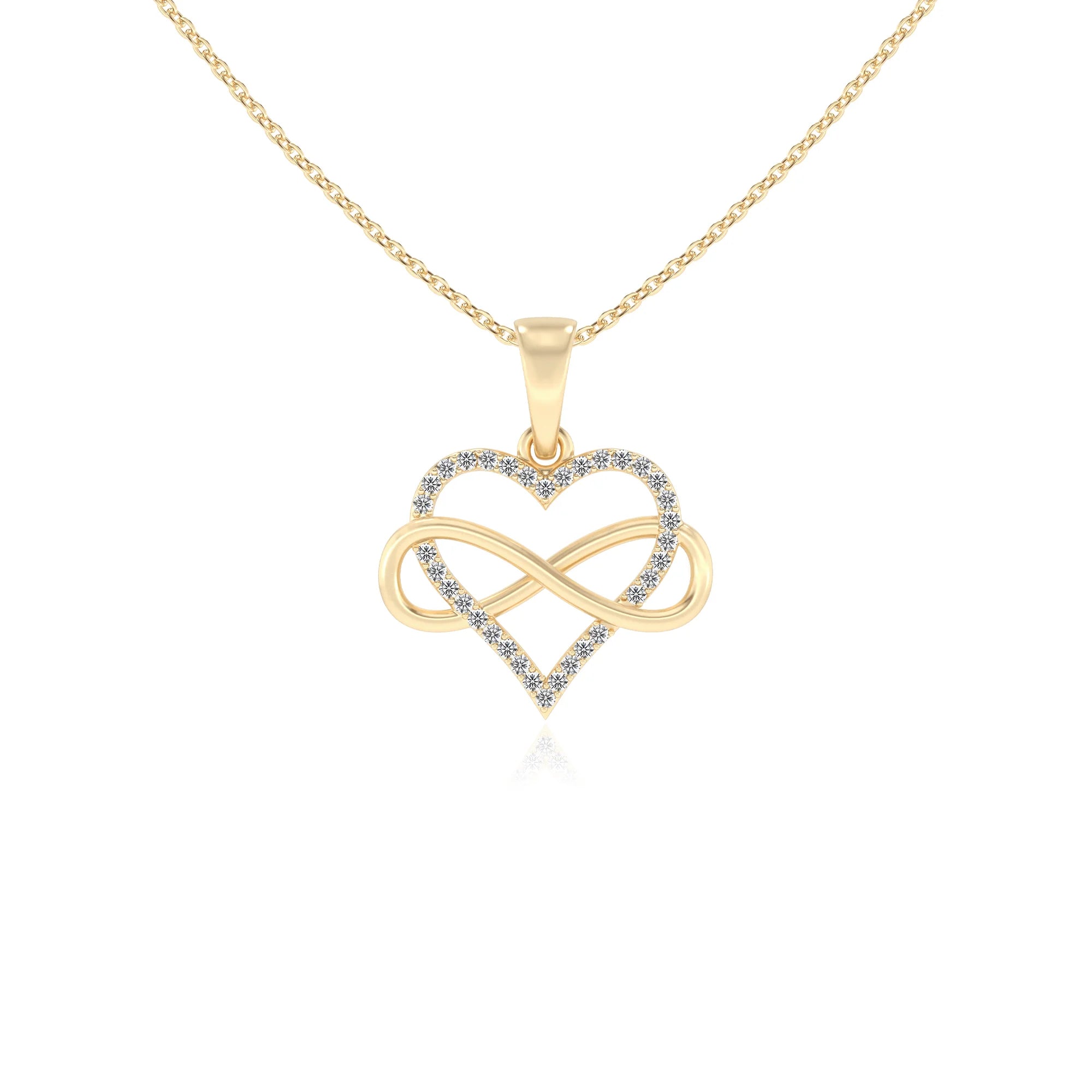 lab grown moissanite round infinity necklaces in yellow gold