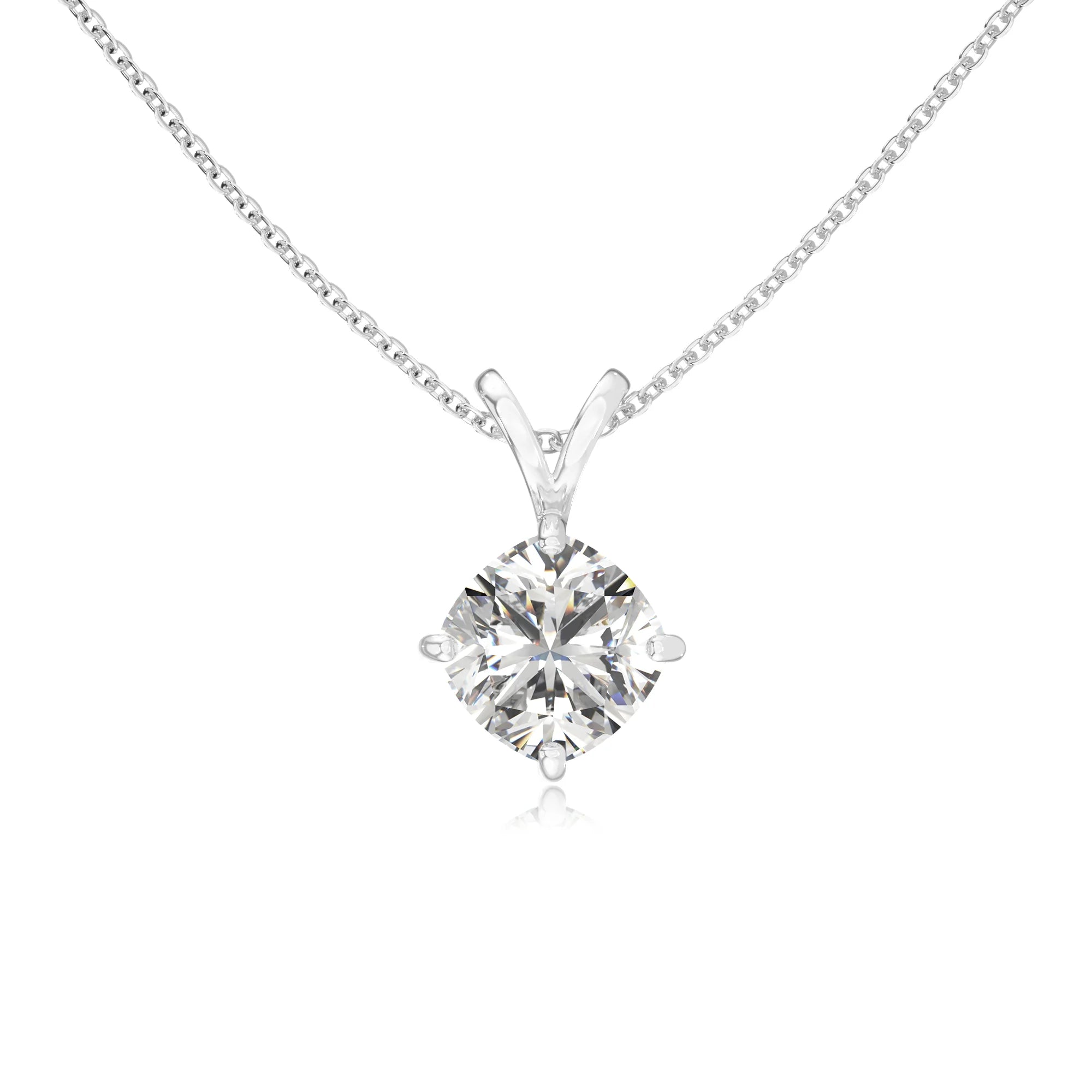 lab grown moissanite cushion solitaire v-bale necklaces in sterling silver