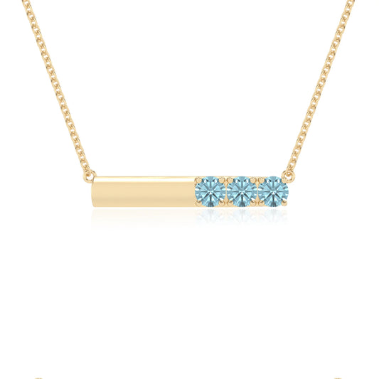 lab grown aquamarine round bar v-bale necklaces in yellow gold