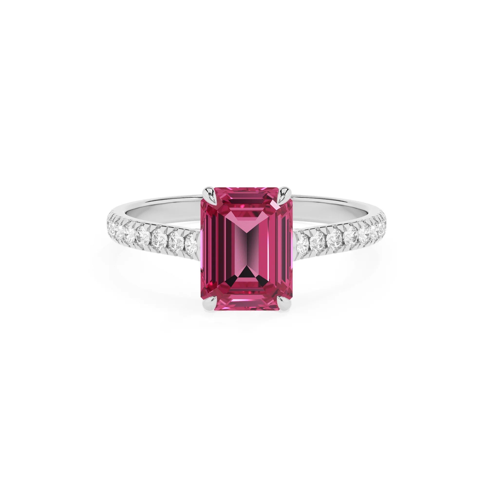 lab grown pink-tourmaline emerald cut half eternity solitaire engagement rings in white gold