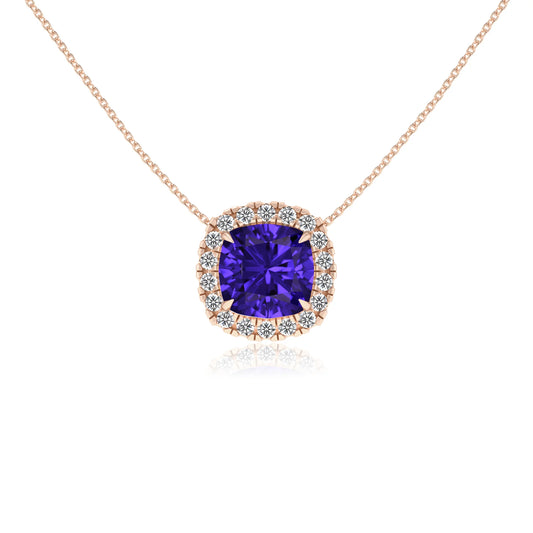 lab grown tanzanite cushion solitaire necklaces in rose gold