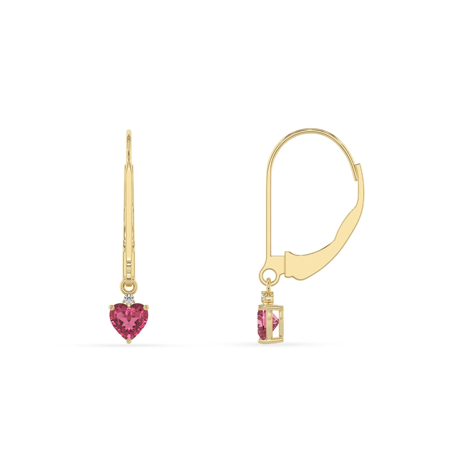 lab grown pink tourmaline heart drop earrings in yellow gold