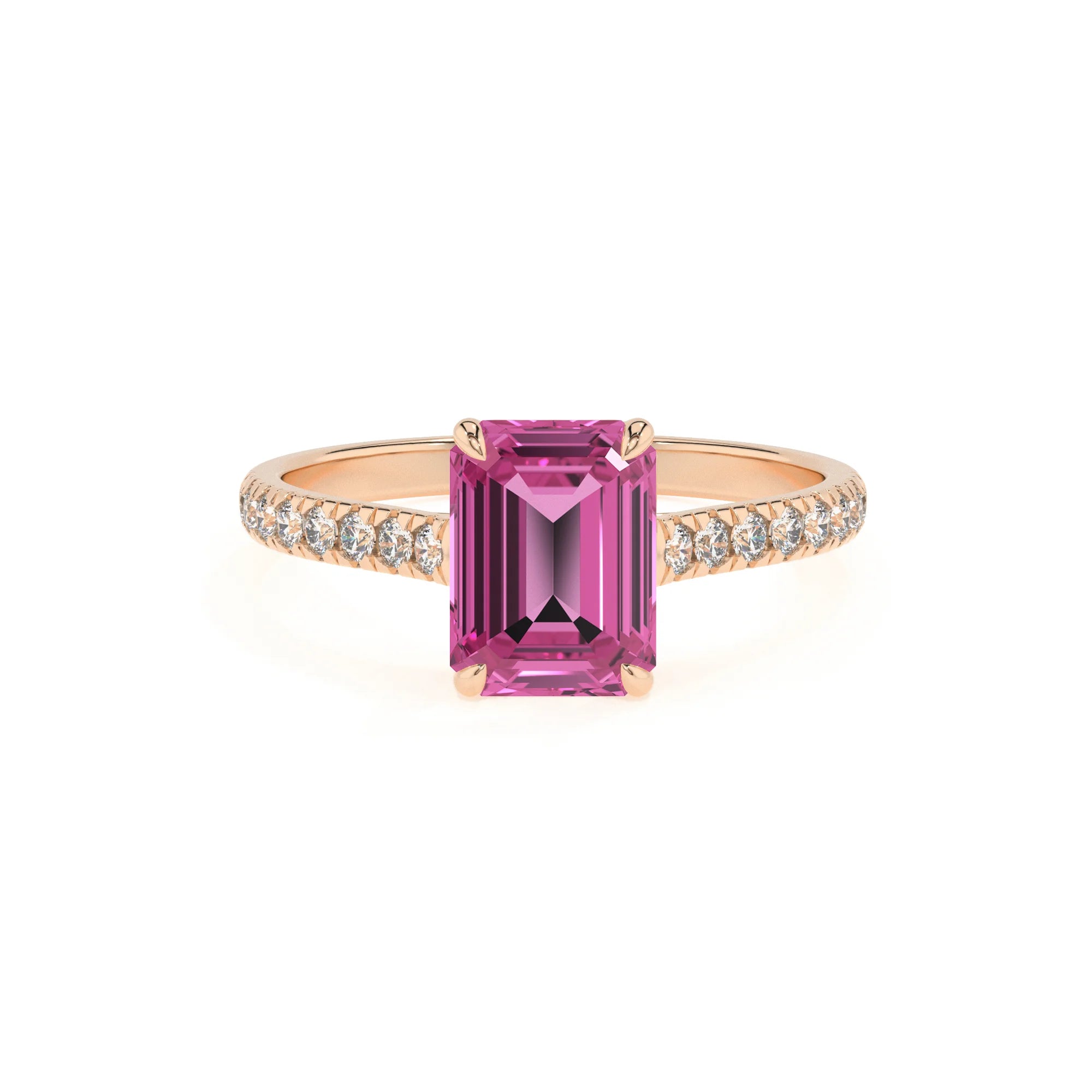 lab grown pink-sapphire emerald cut half eternity solitaire engagement rings in rose gold