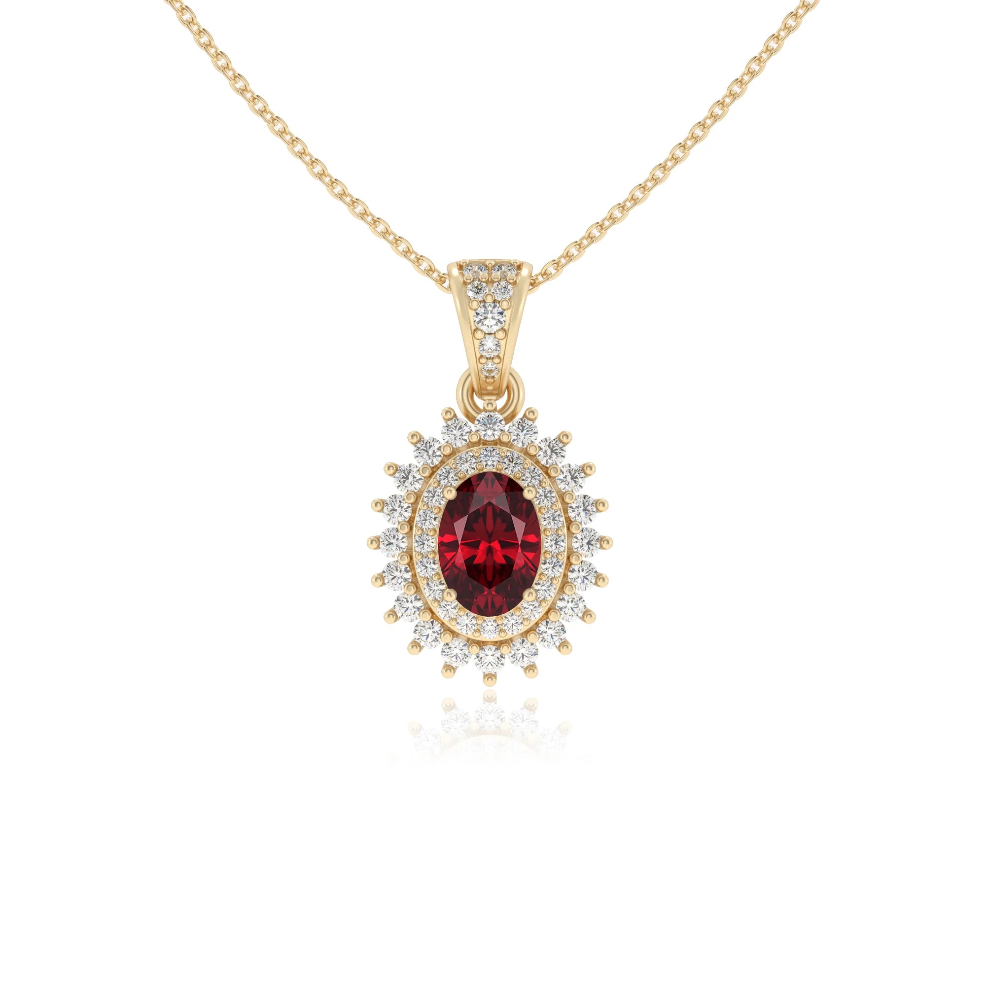 lab grown ruby oval halo necklaces in yellow gold