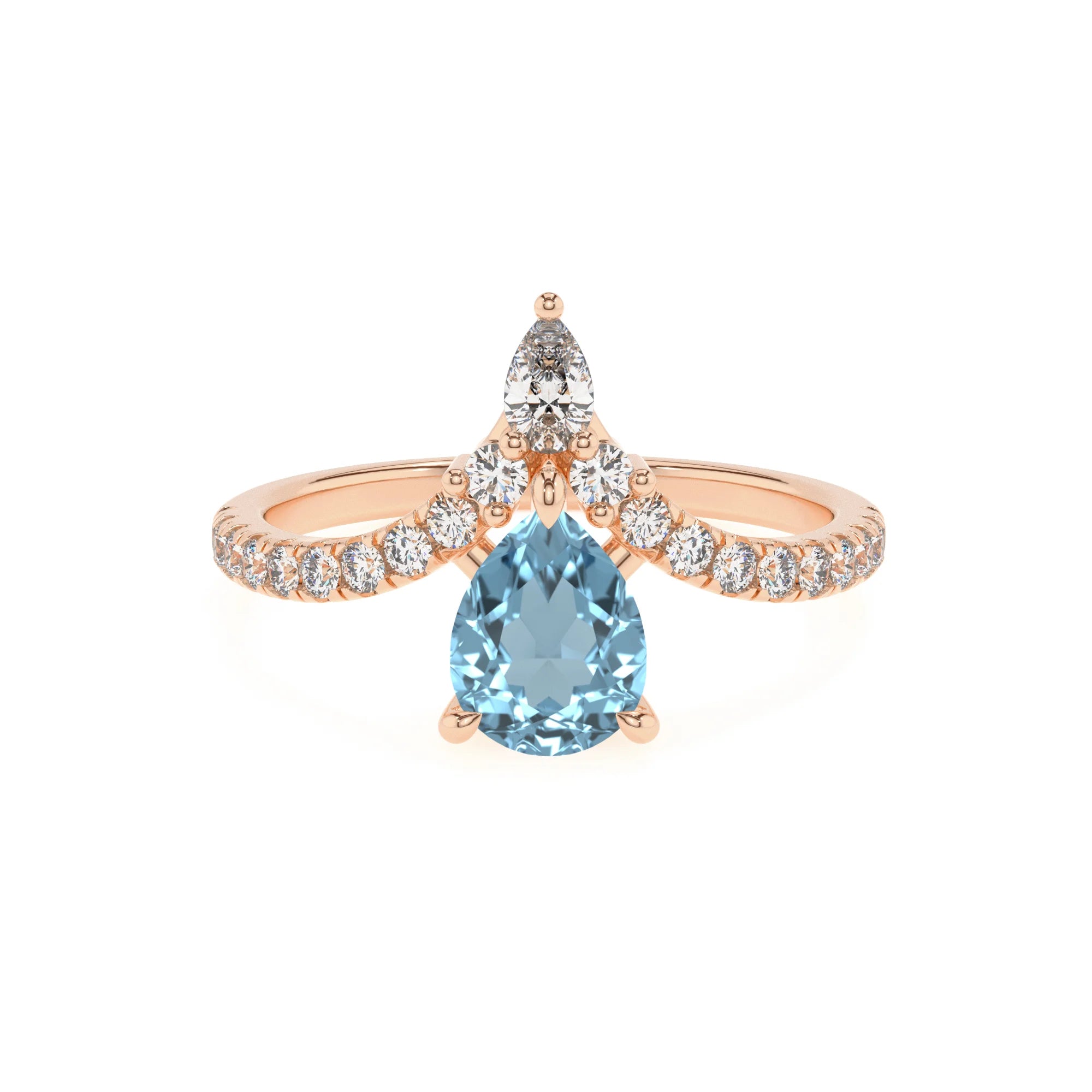 lab grown aquamarine pear solitaire rings in rose gold
