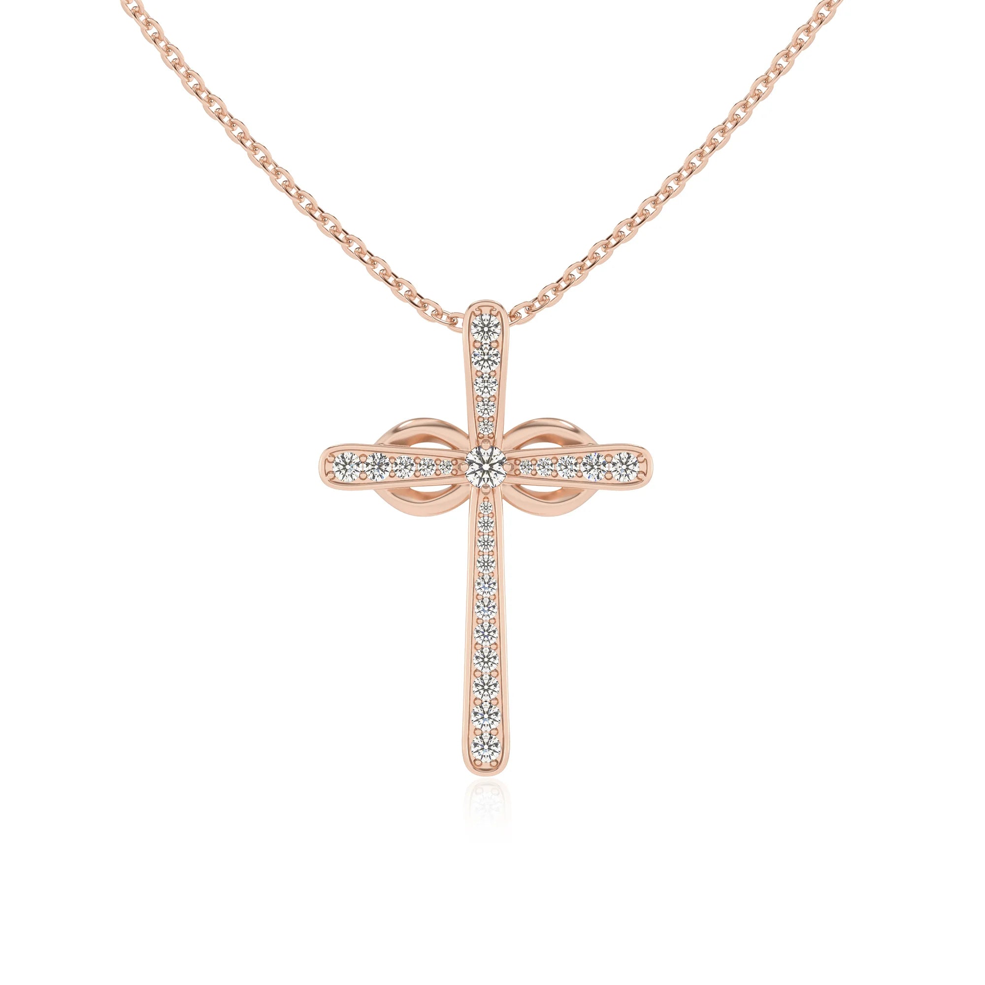 lab grown moissanite round infinity necklaces in rose gold
