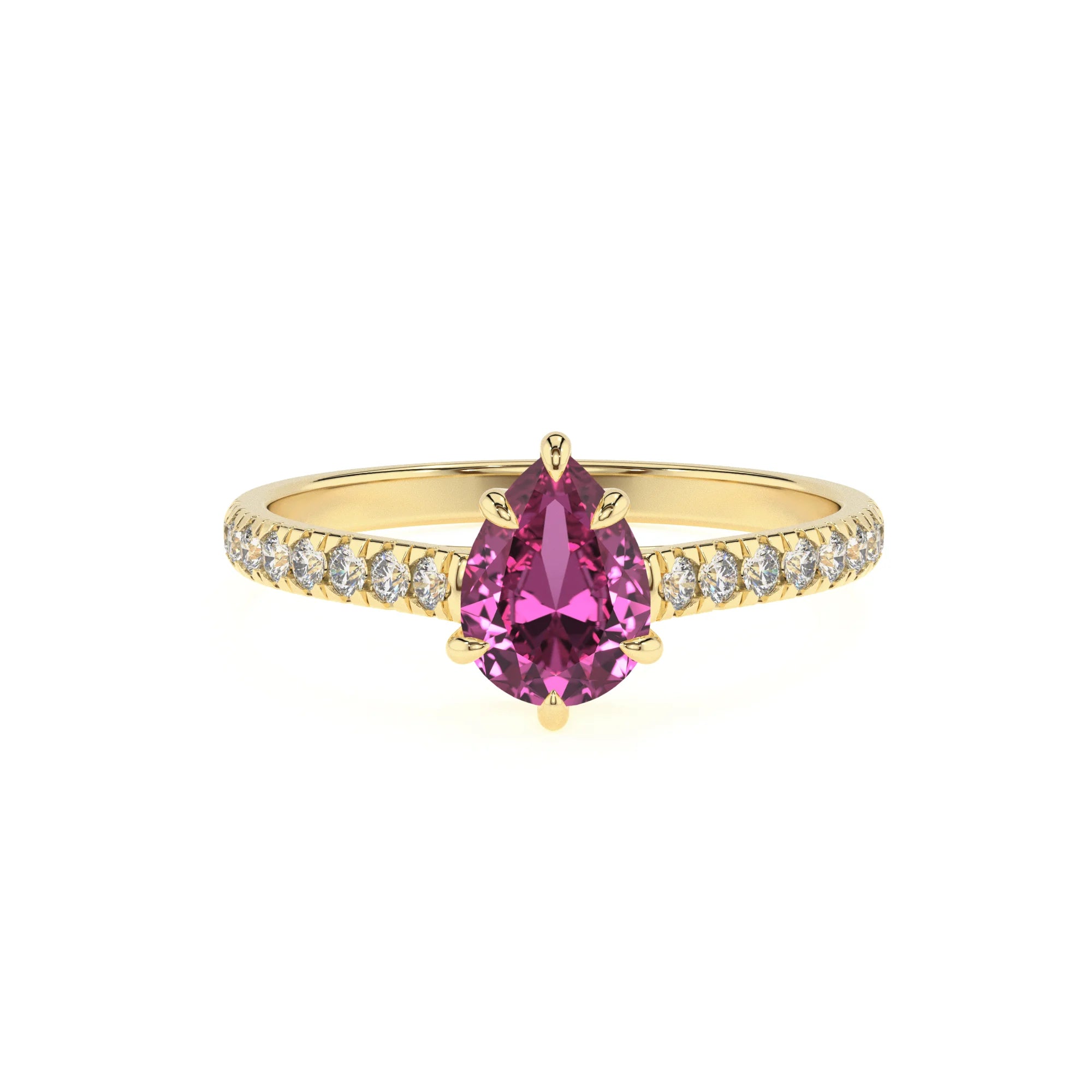 lab grown pink-sapphire pear half eternity solitaire engagement rings in yellow gold