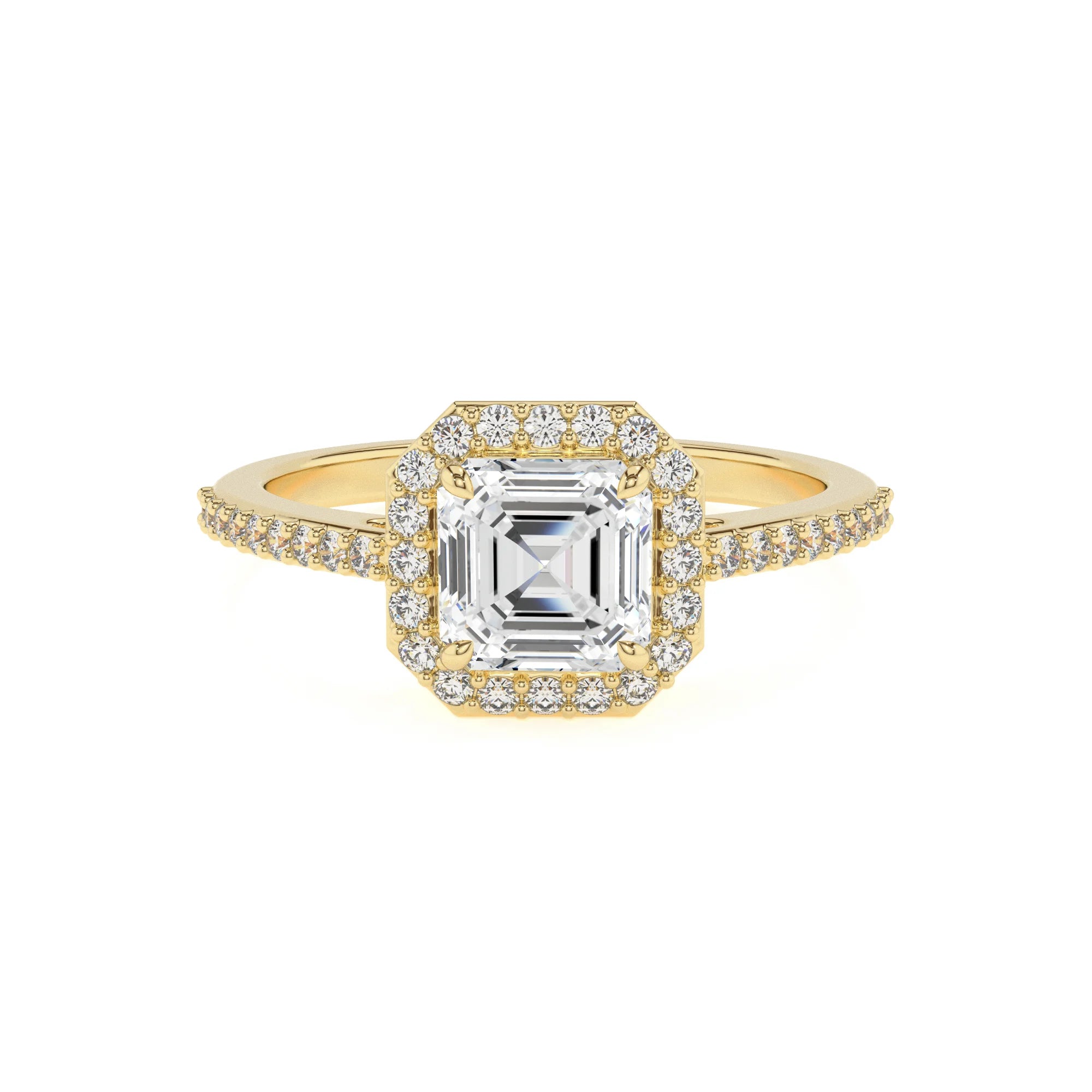 lab grown moissanite asscher solitaire rings in yellow gold