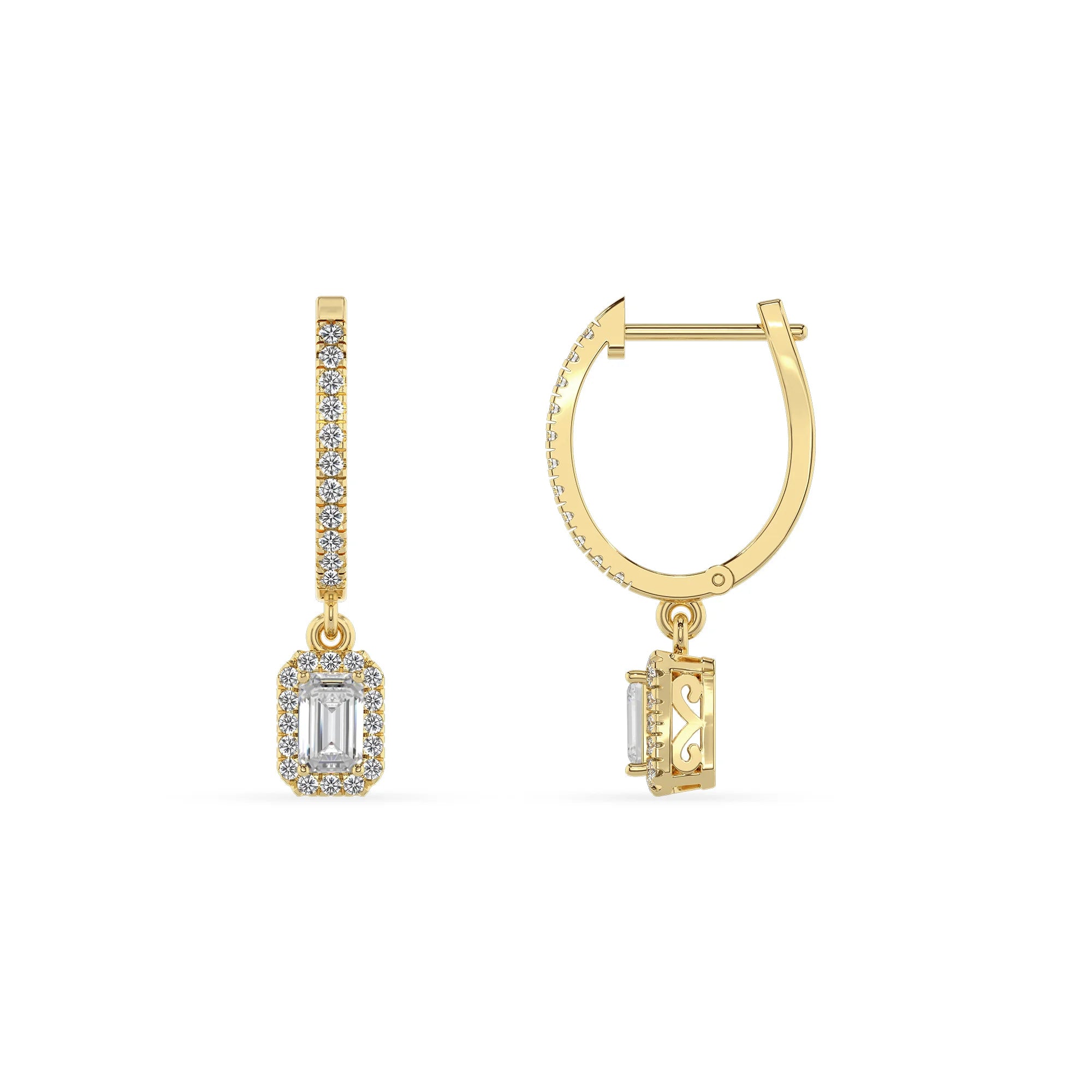 lab grown moissanite emerald cut drop earrings in yellow gold
