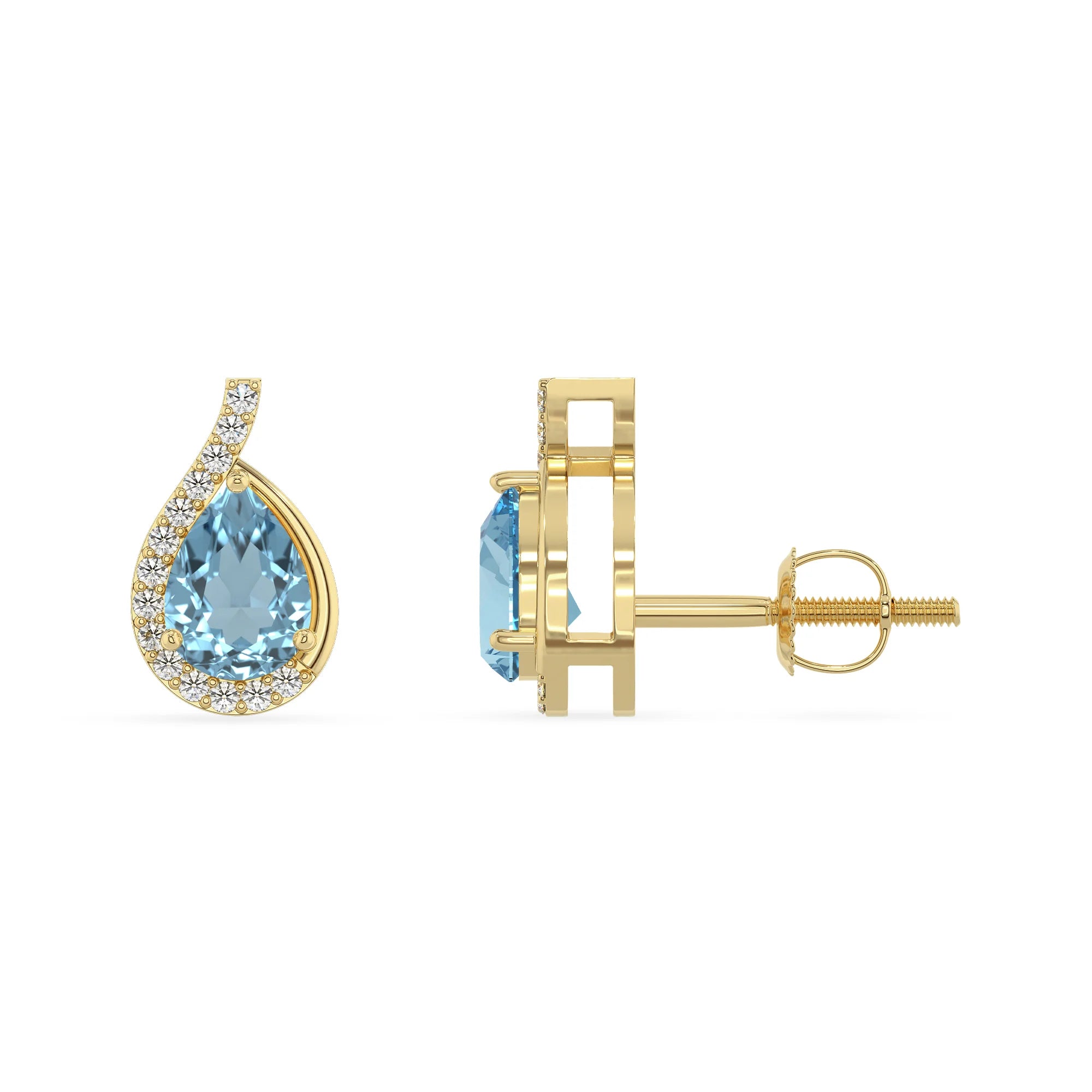 lab grown aquamarine pear stud earrings in yellow gold