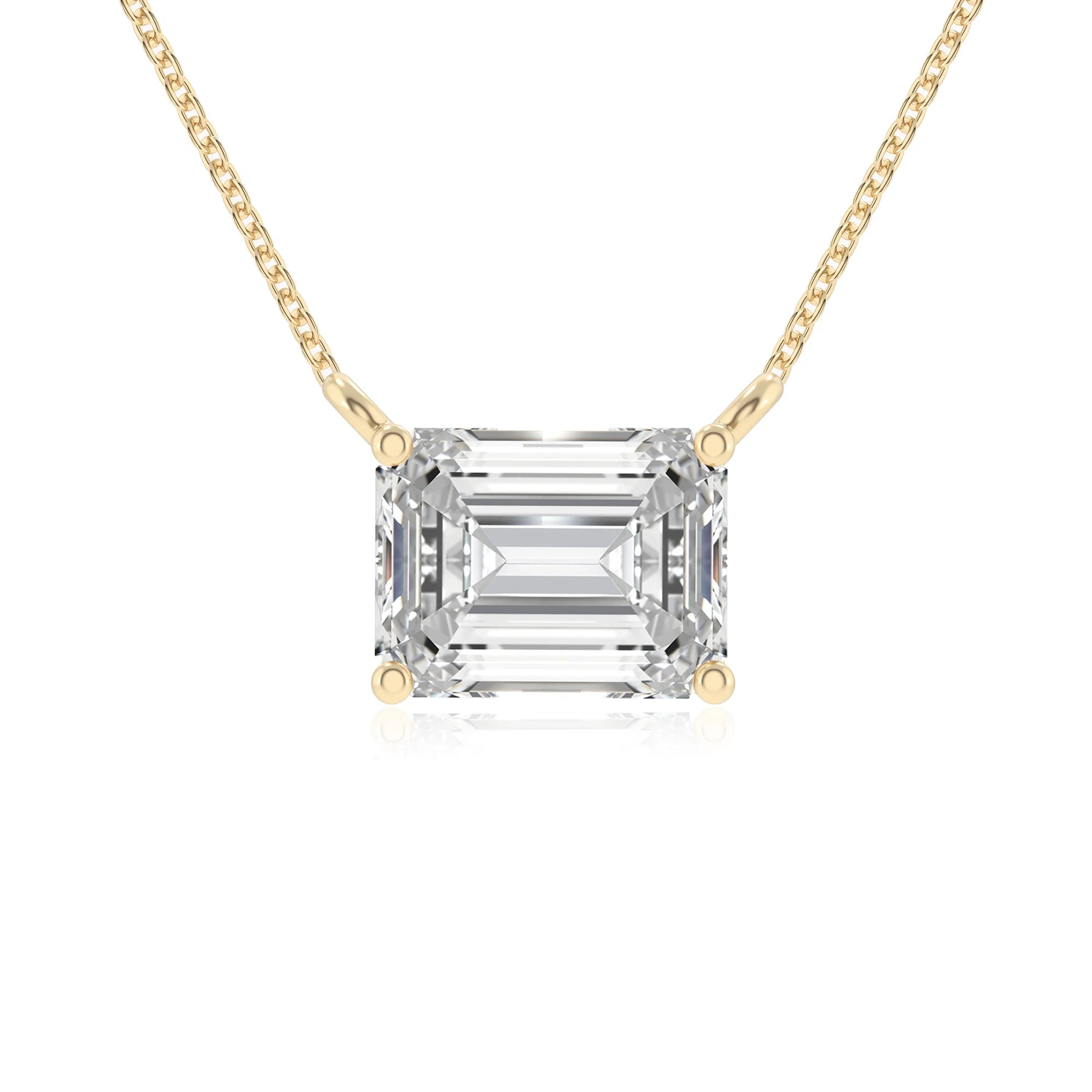 lab grown moissanite emerald cut solitaire necklaces in yellow gold