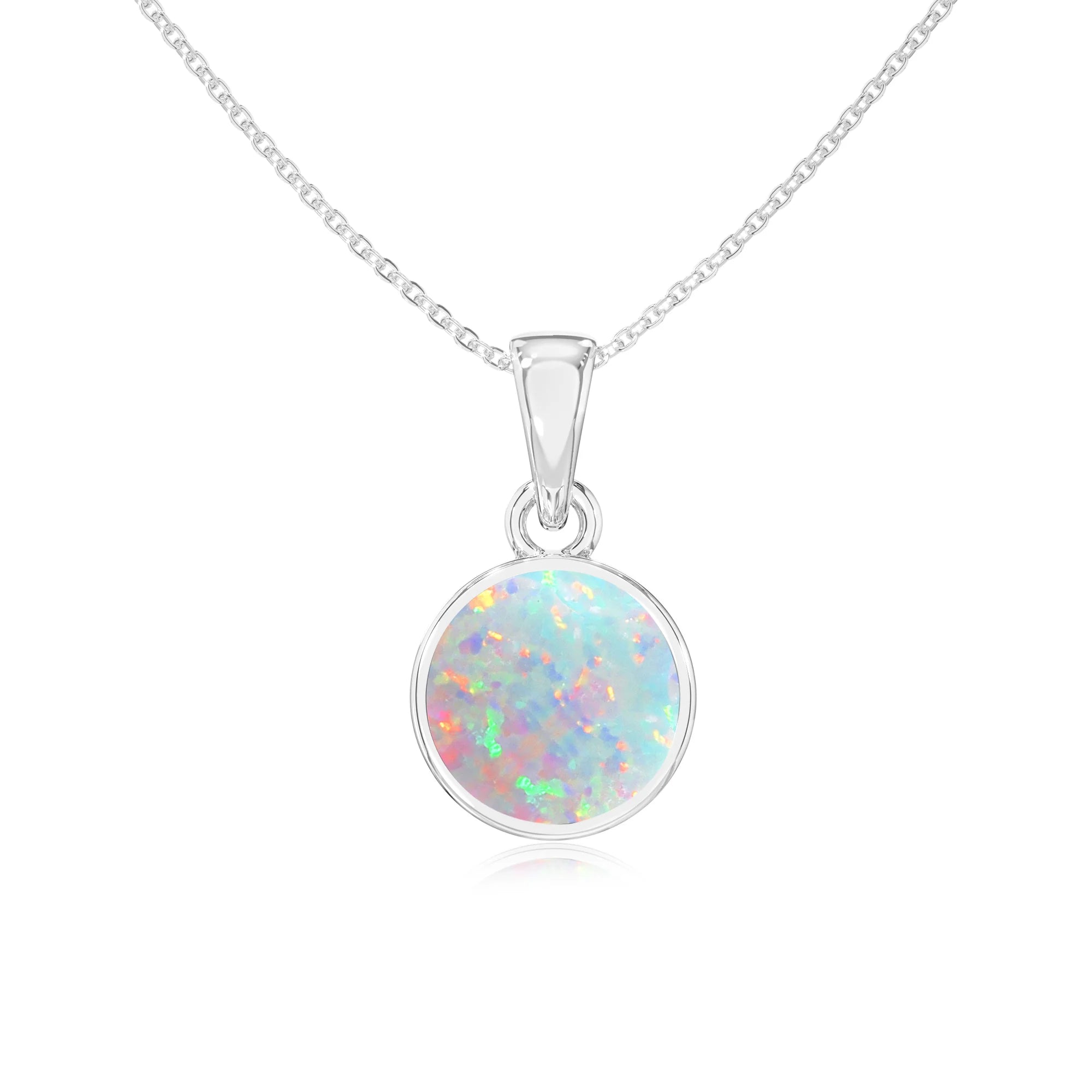 lab grown opal round solitaire necklaces in white gold