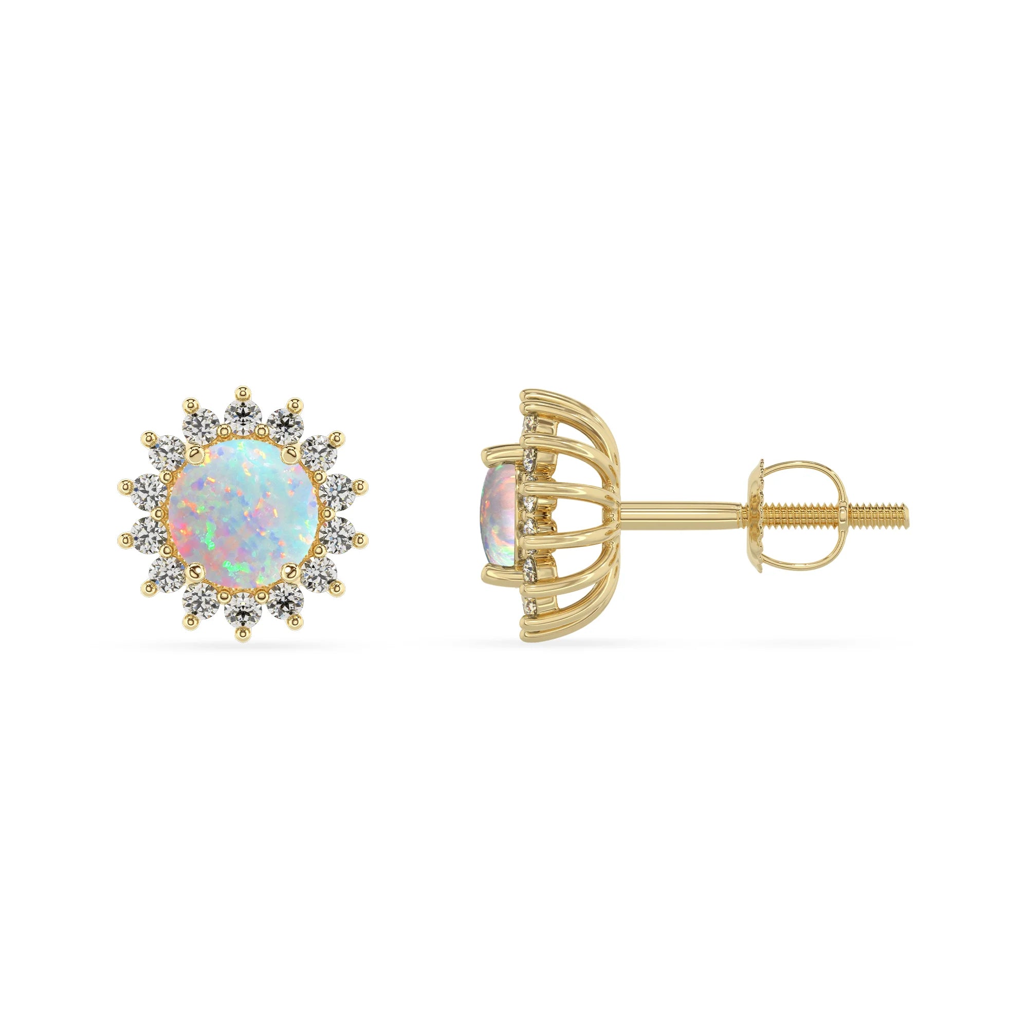lab grown opal round stud earrings in yellow gold