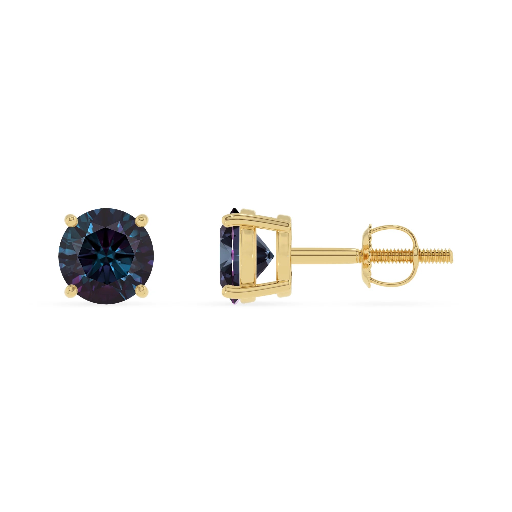 lab grown alexandrite round stud earrings in yellow gold