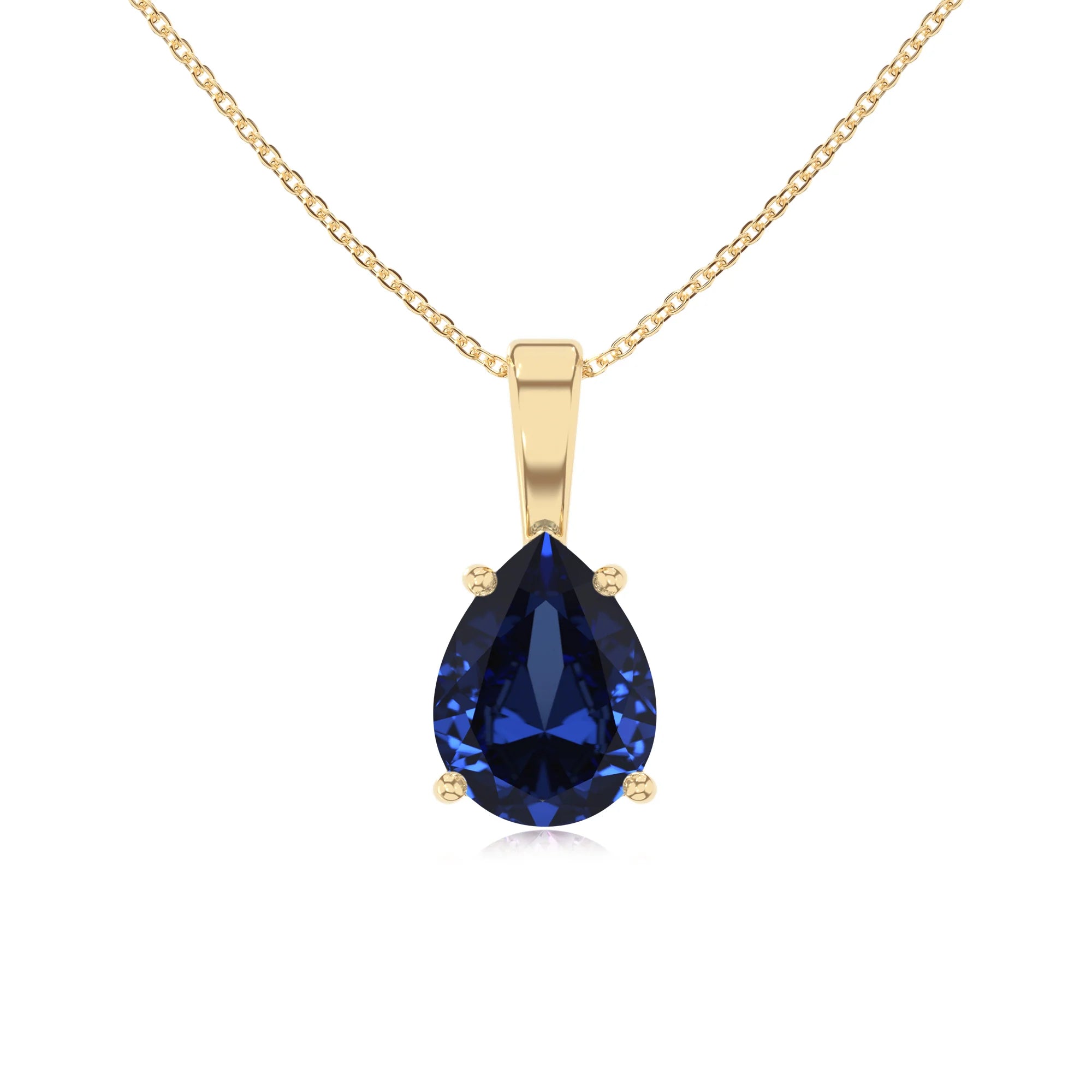 lab grown blue-sapphire pear solitaire necklaces in yellow gold