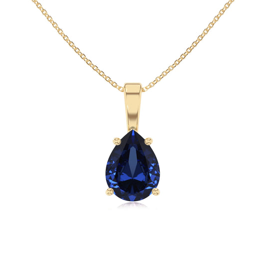 lab grown blue-sapphire pear solitaire necklaces in yellow gold