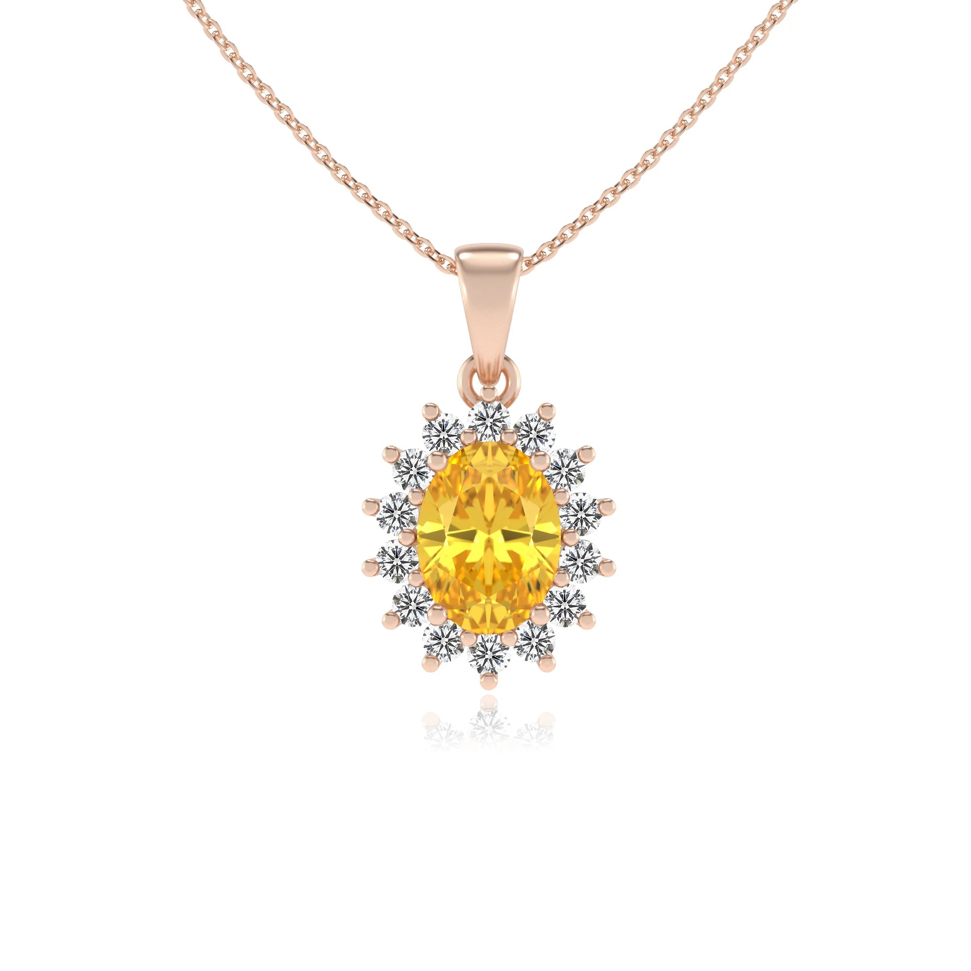 lab grown yellow-sapphire oval halo necklaces in rose gold