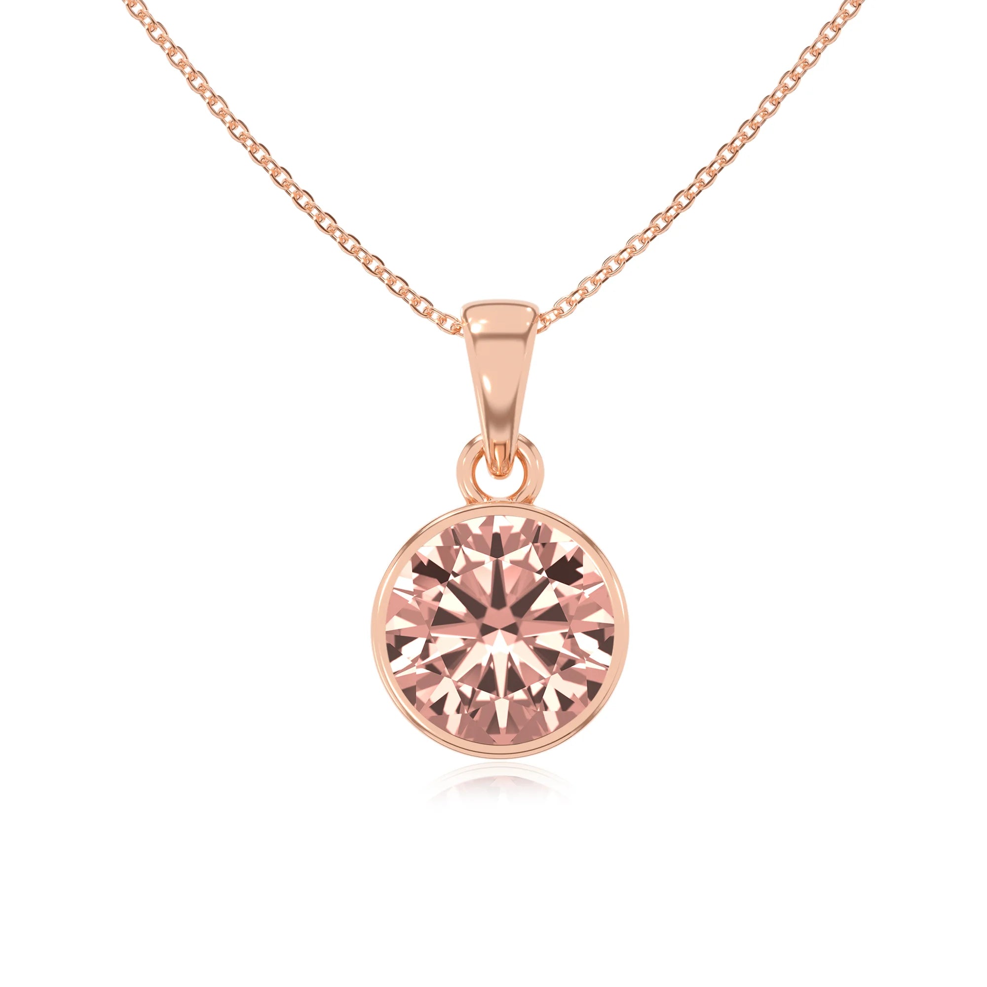 lab grown morganite round solitaire necklaces in rose gold
