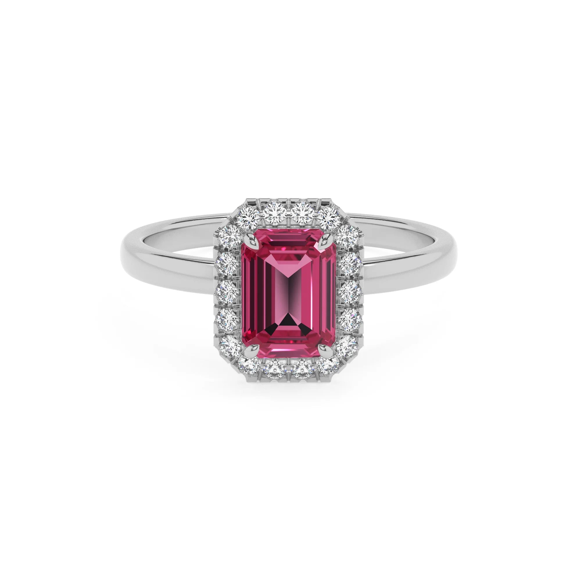 lab grown pink-tourmaline emerald cut solitaire rings in platinum