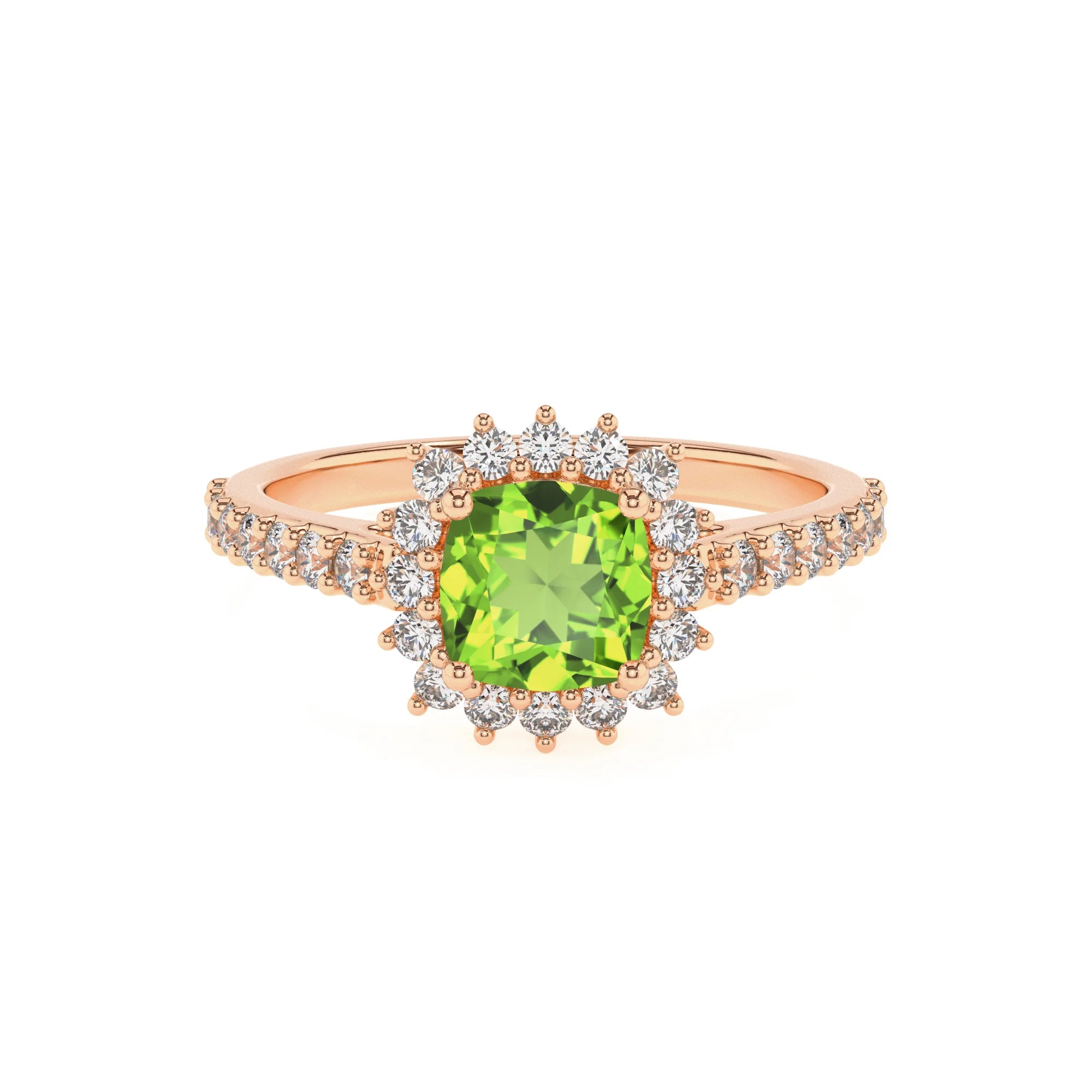 natural peridot cushion solitaire rings in rose gold