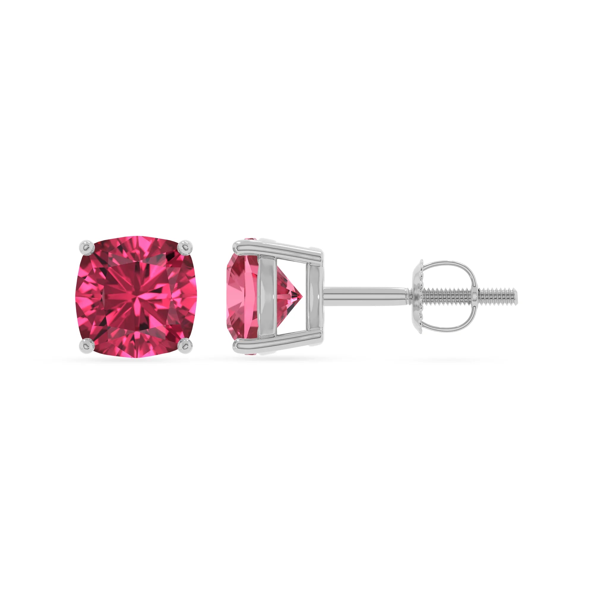 lab grown pink tourmaline cushion stud earrings in white gold
