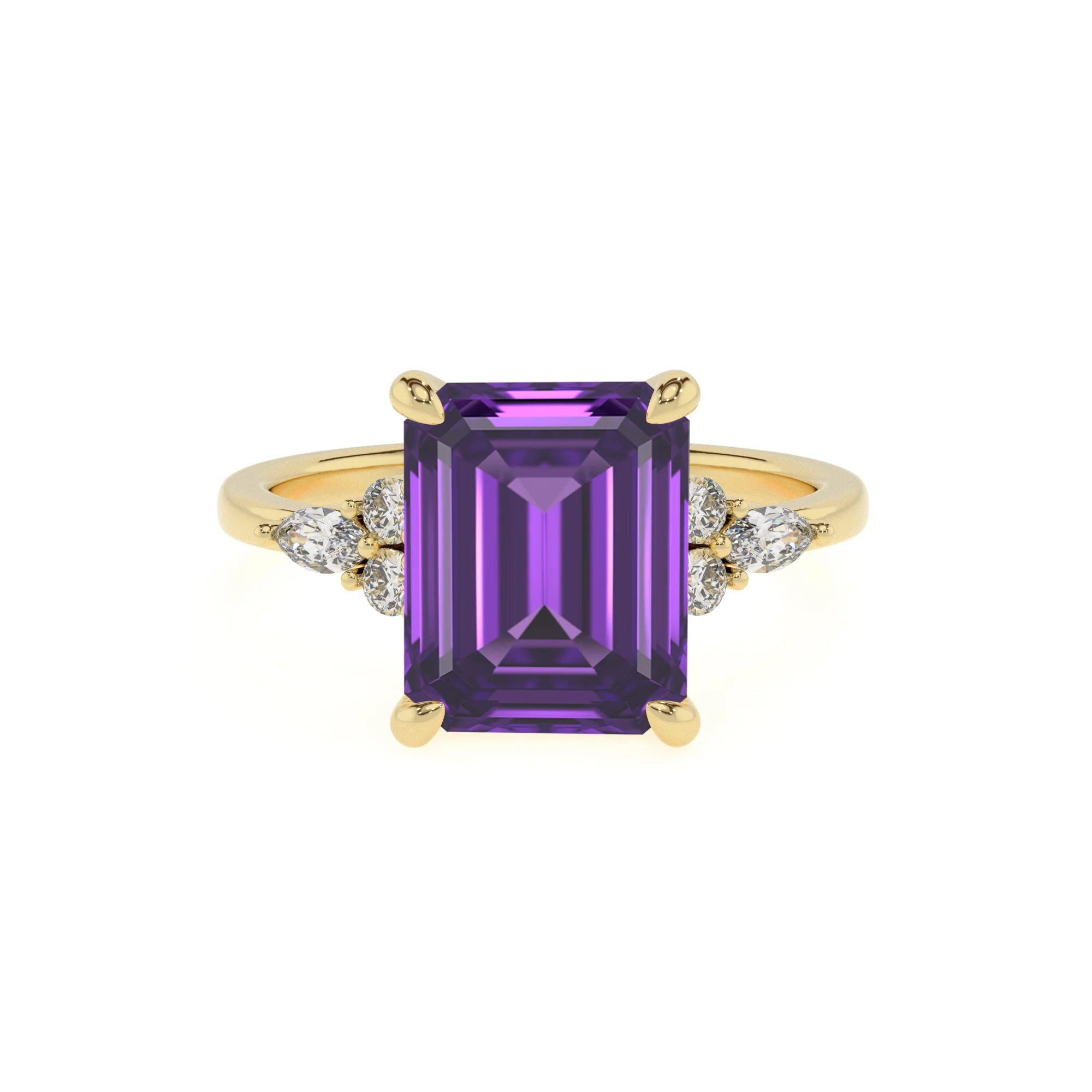 lab grown amethyst emerald cut solitaire rings in yellow gold