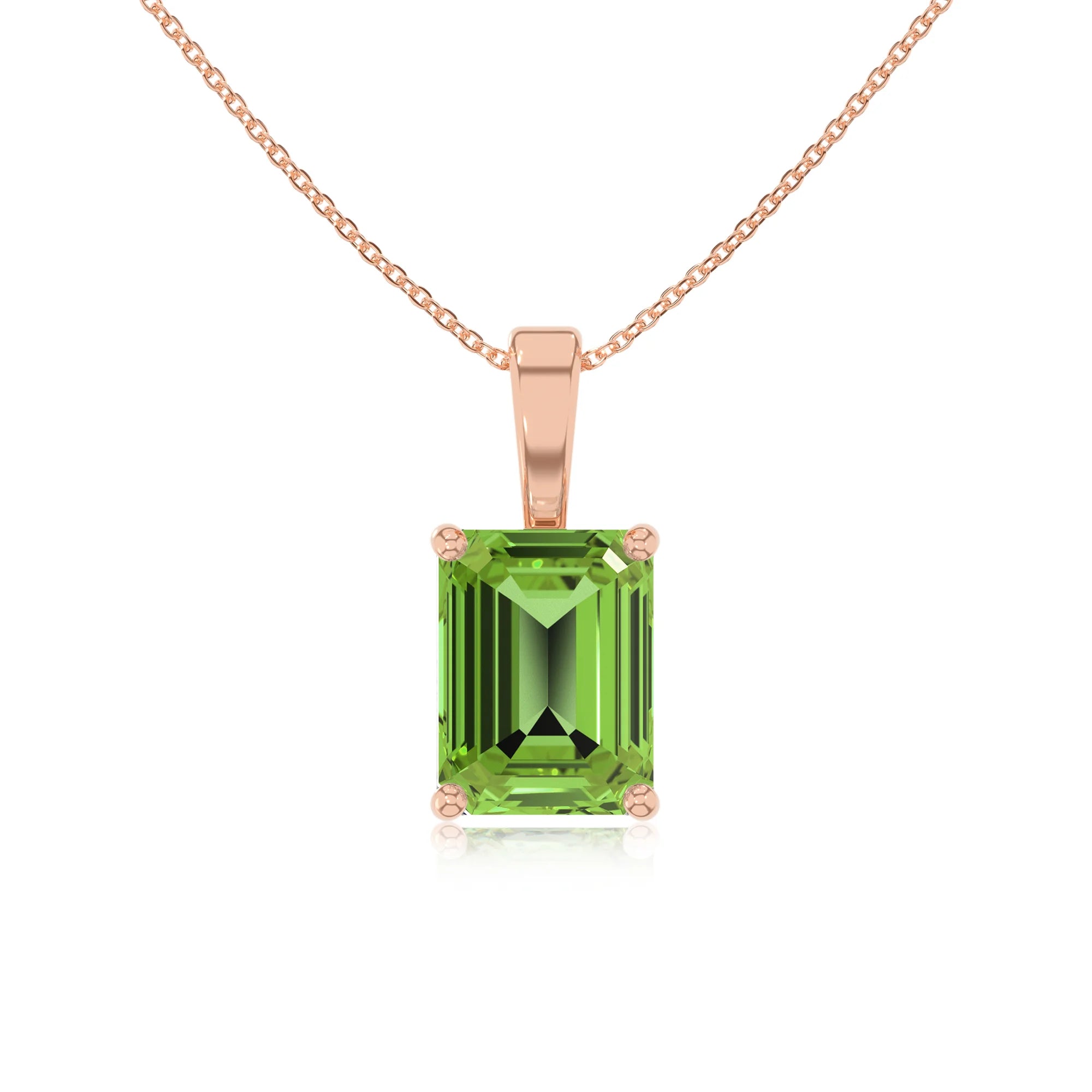 natural peridot emerald cut solitaire necklaces in rose gold