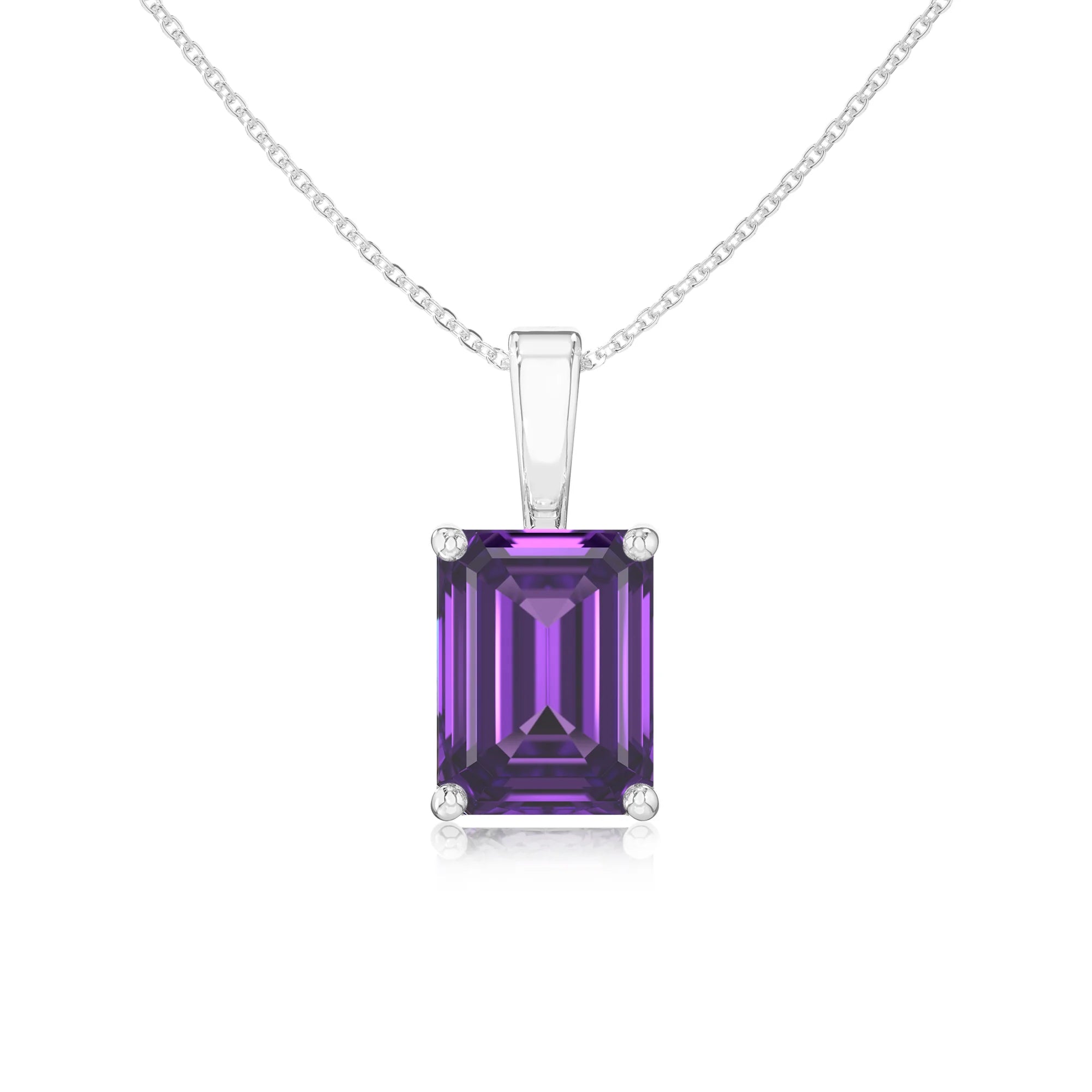 lab grown amethyst emerald cut solitaire necklaces in sterling silver