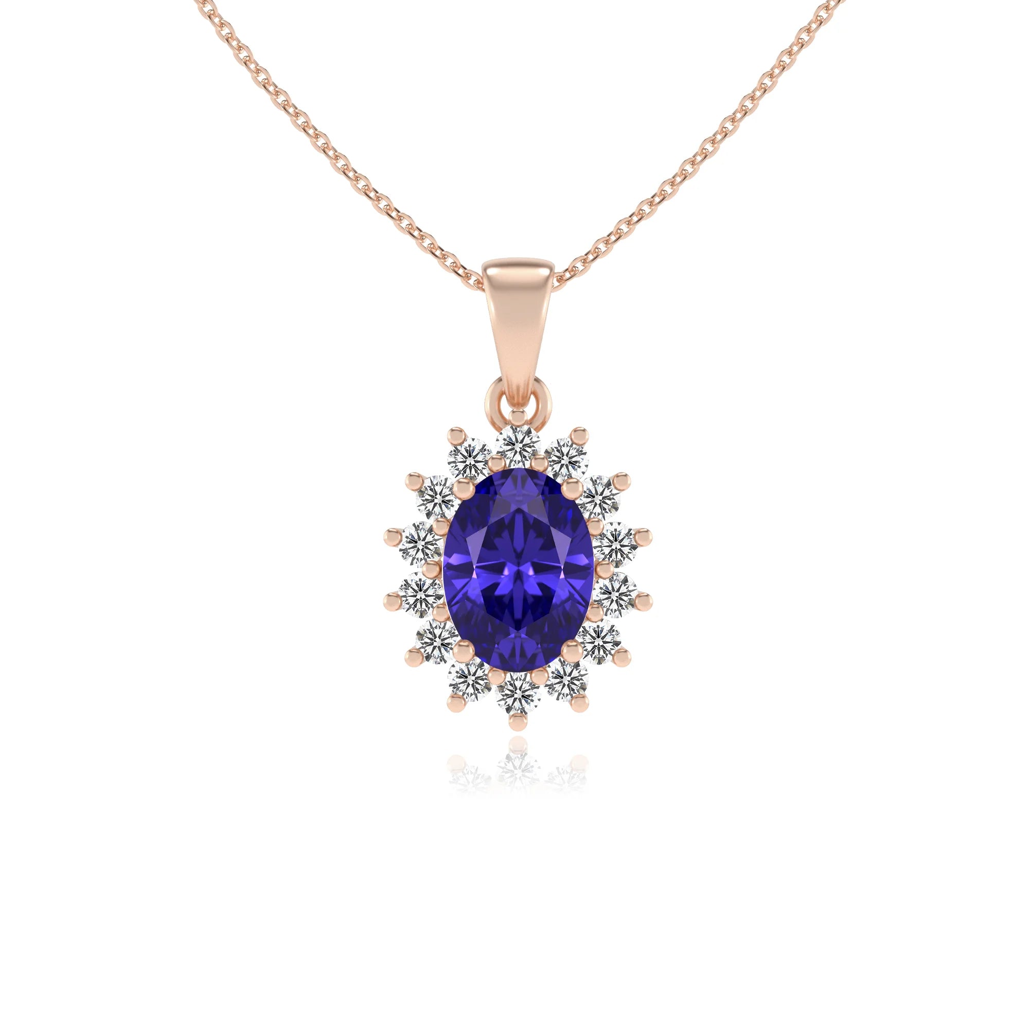 lab grown tanzanite oval halo necklaces in rose gold