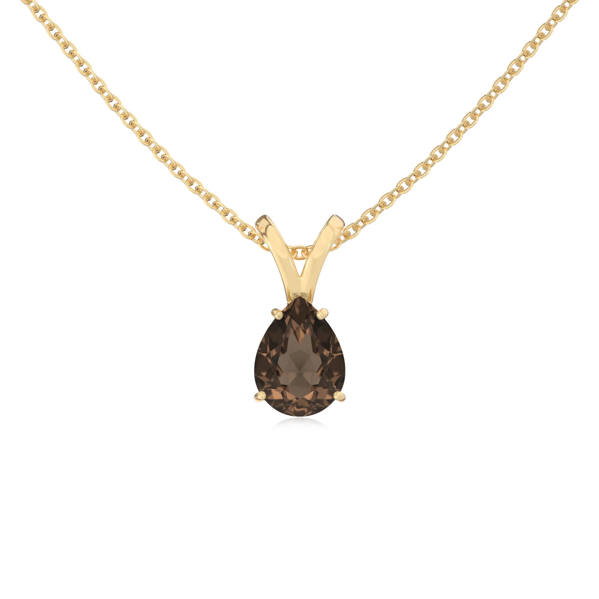natural smoky-quartz pear solitaire v-bale necklaces in yellow gold