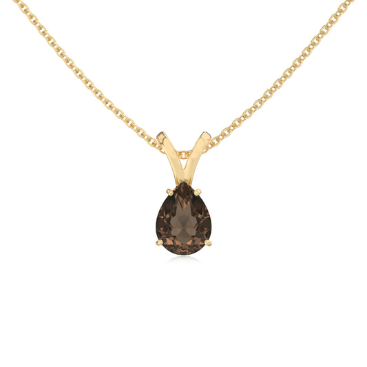 natural smoky-quartz pear solitaire v-bale necklaces in yellow gold