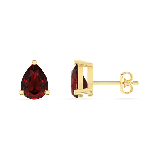 natural garnet pear stud earrings in yellow gold