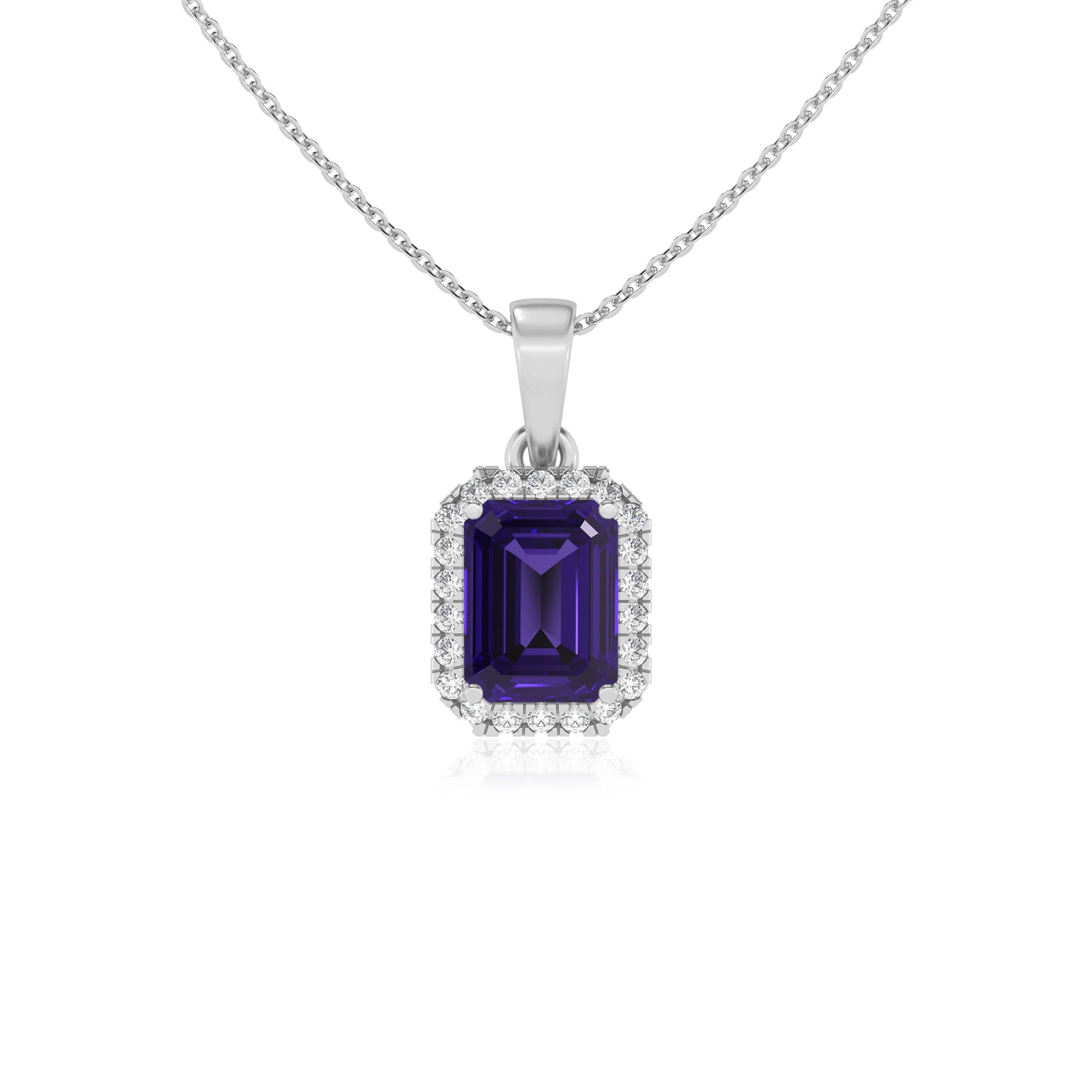 lab grown tanzanite emerald cut solitaire necklaces in sterling silver