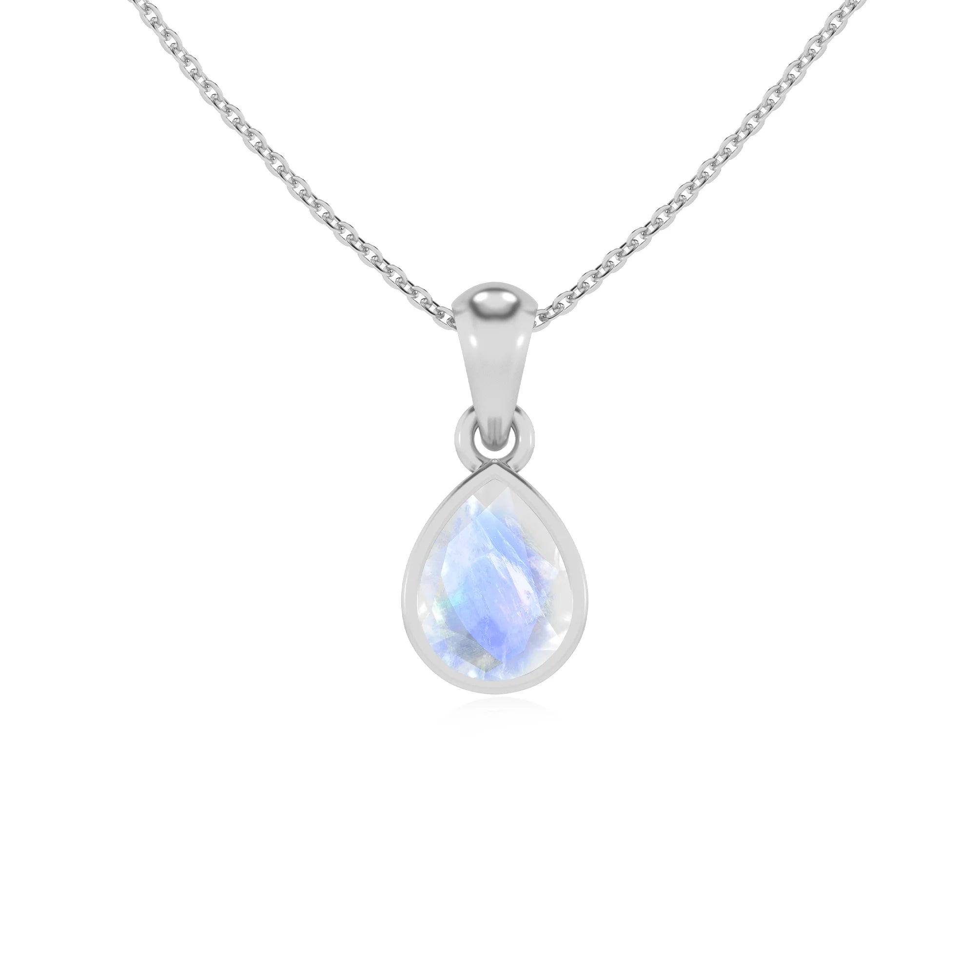natural rainbow-moonstone pear solitaire necklaces in platinum