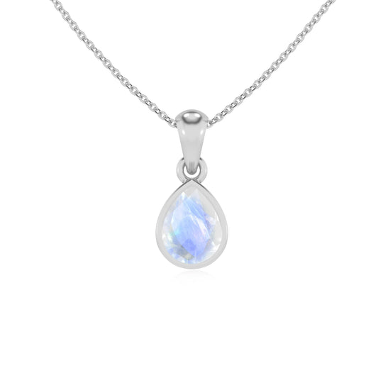 natural rainbow-moonstone pear solitaire necklaces in platinum