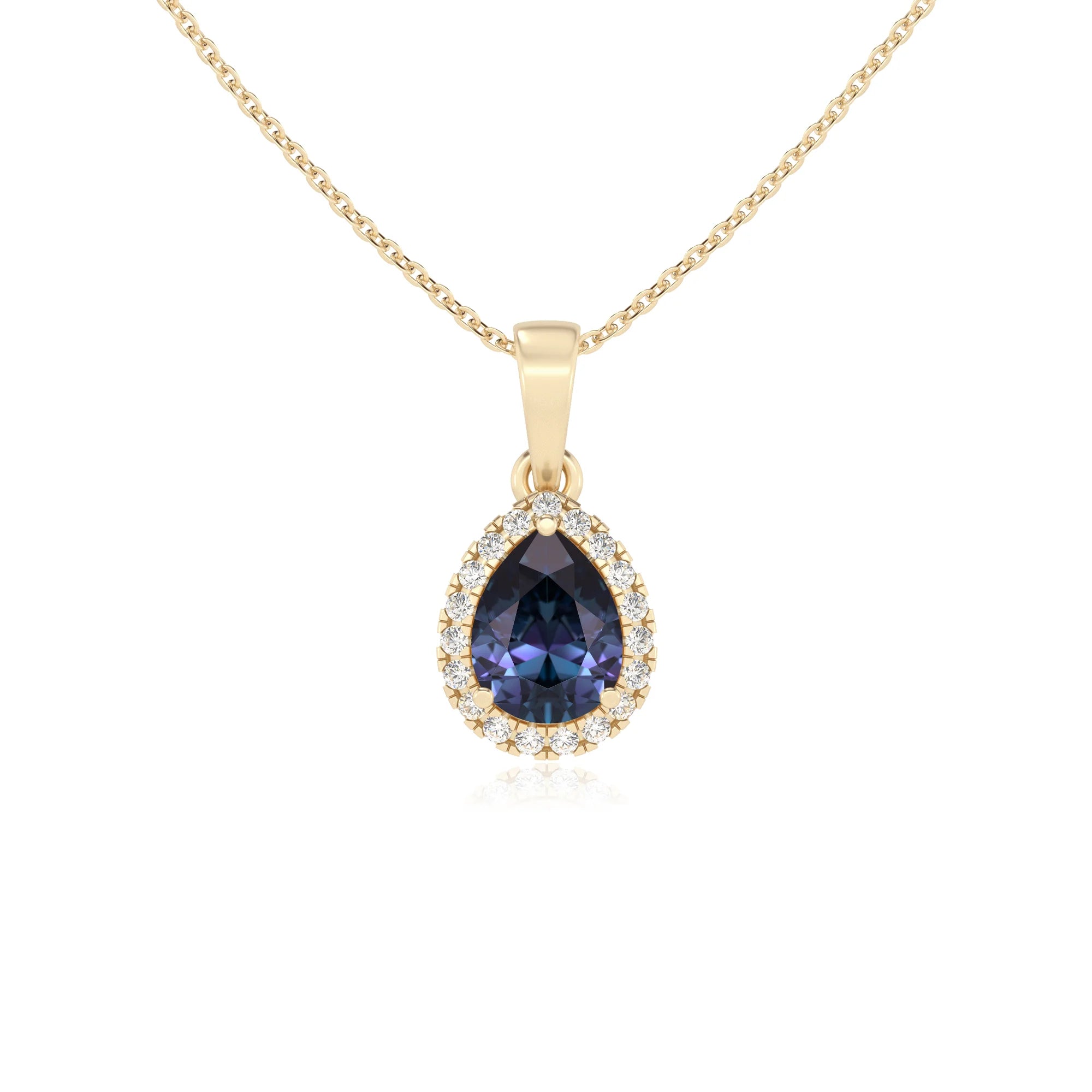 lab grown alexandrite pear solitaire necklaces in yellow gold