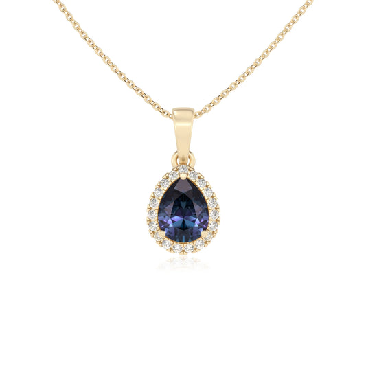 lab grown alexandrite pear solitaire necklaces in yellow gold