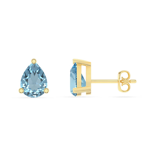 lab grown aquamarine pear stud earrings in yellow gold