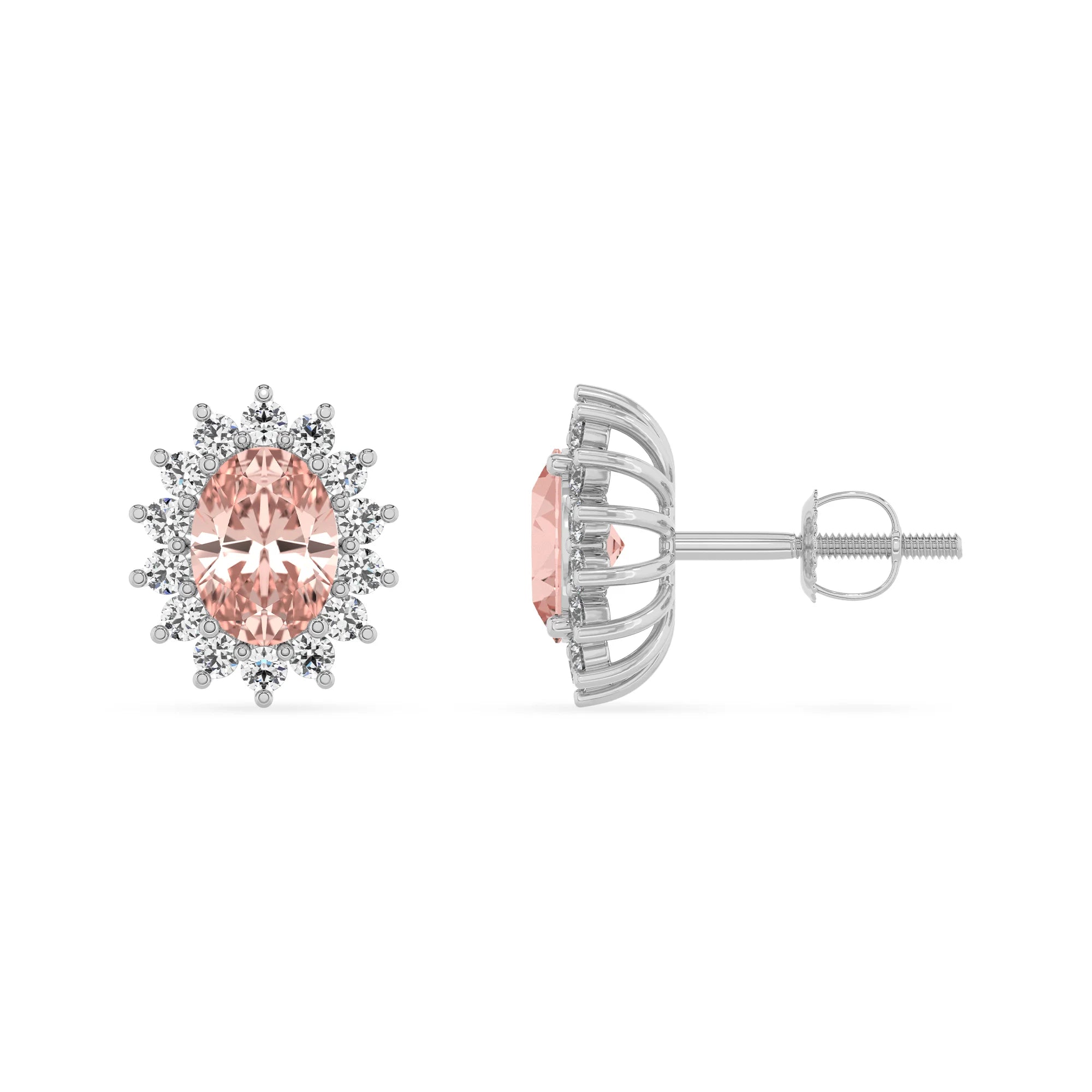 lab grown morganite oval stud earrings in white gold