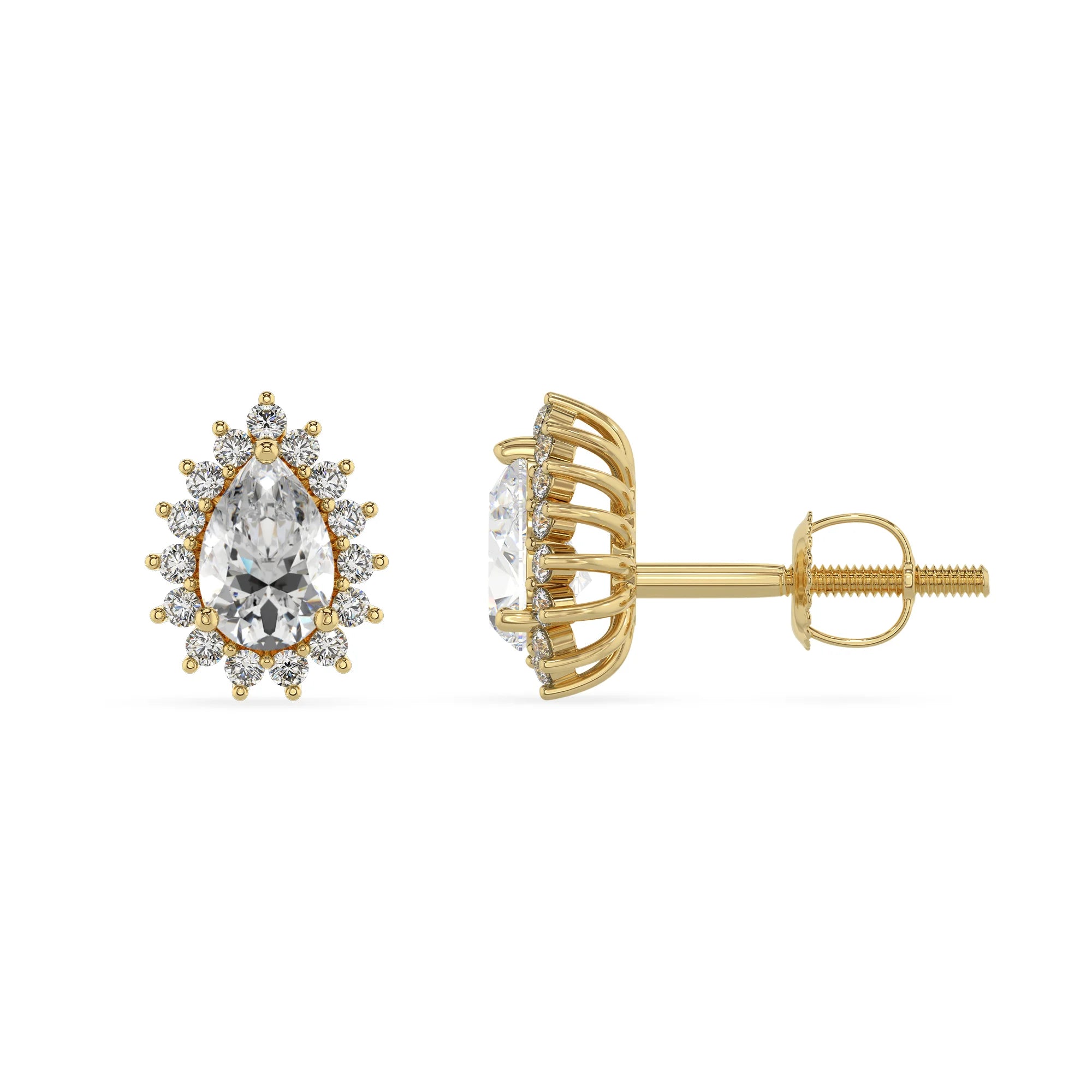 lab grown moissanite pear stud earrings in yellow gold