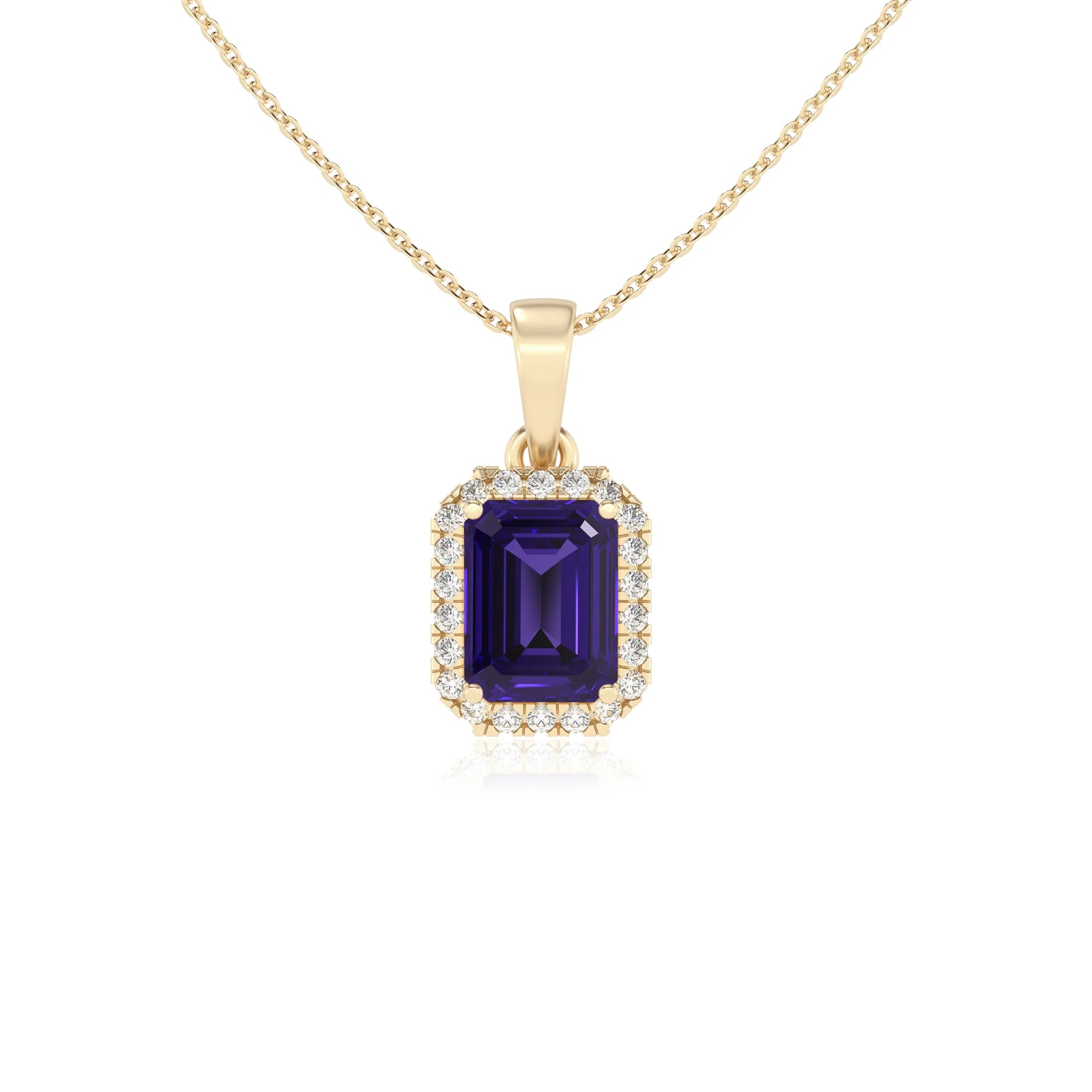 lab grown tanzanite emerald cut solitaire necklaces in yellow gold