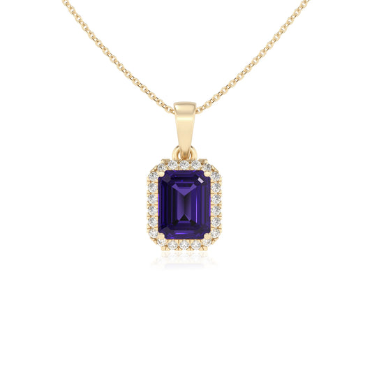 lab grown tanzanite emerald cut solitaire necklaces in yellow gold
