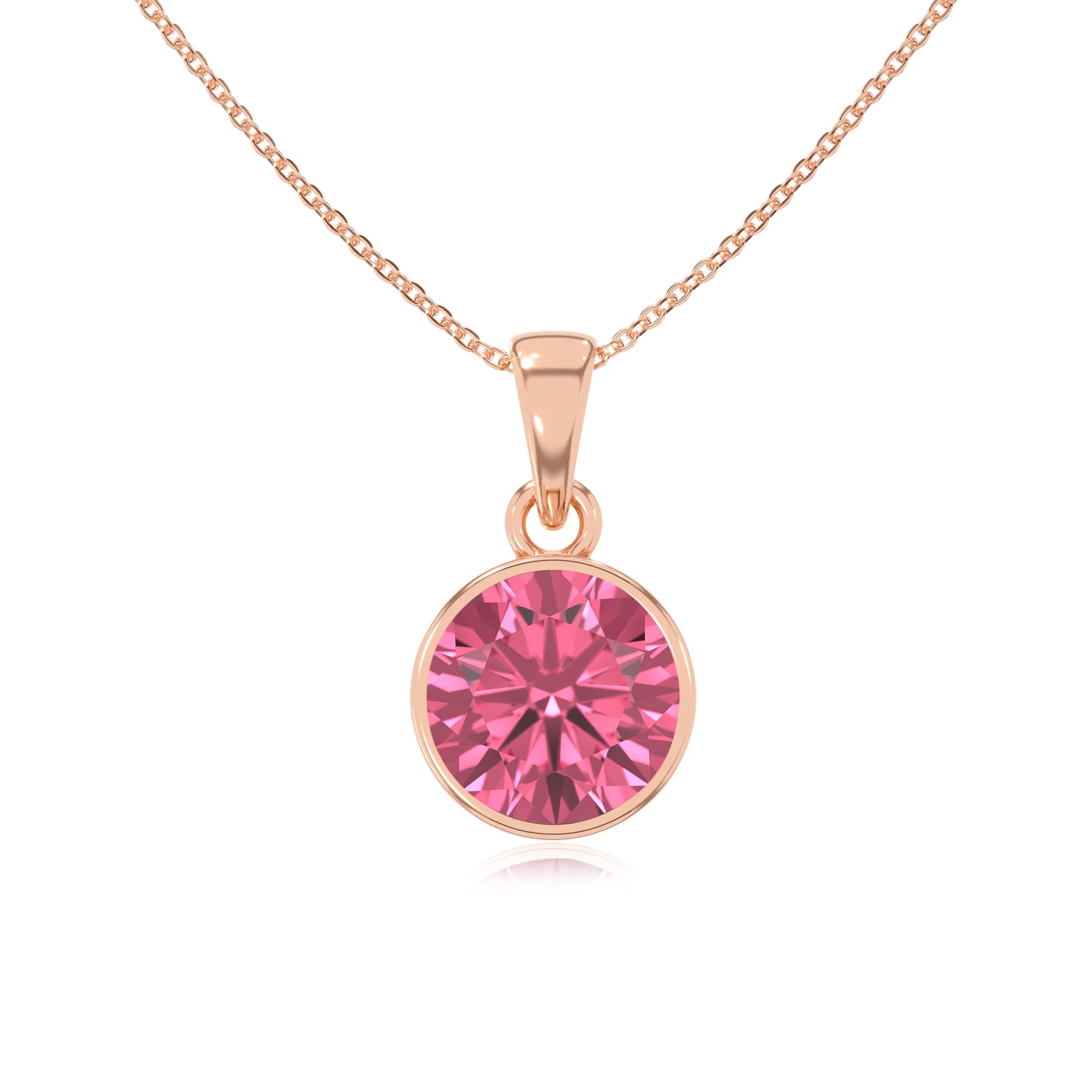 lab grown pink-tourmaline round solitaire necklaces in rose gold