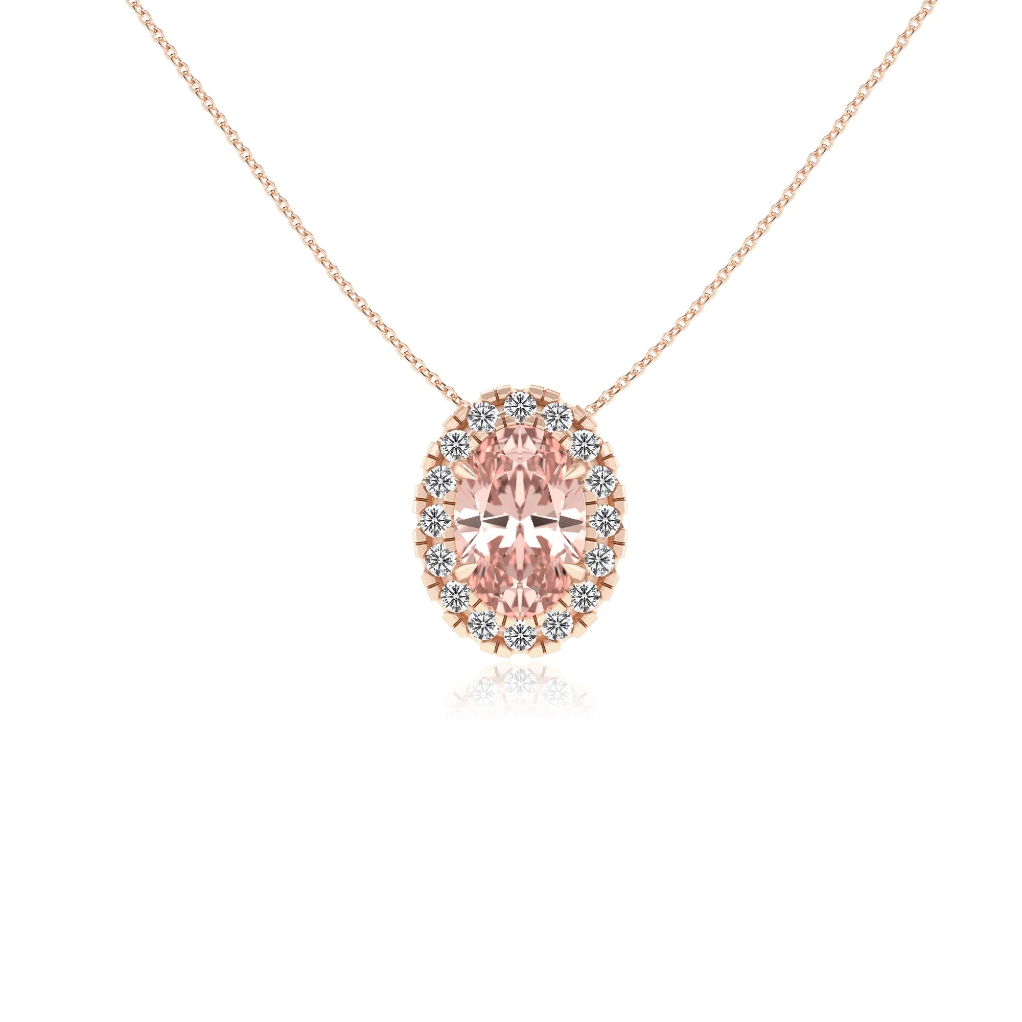 lab grown morganite oval solitaire necklaces in rose gold
