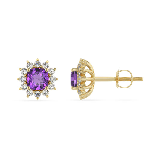lab grown amethyst cushion stud earrings in yellow gold