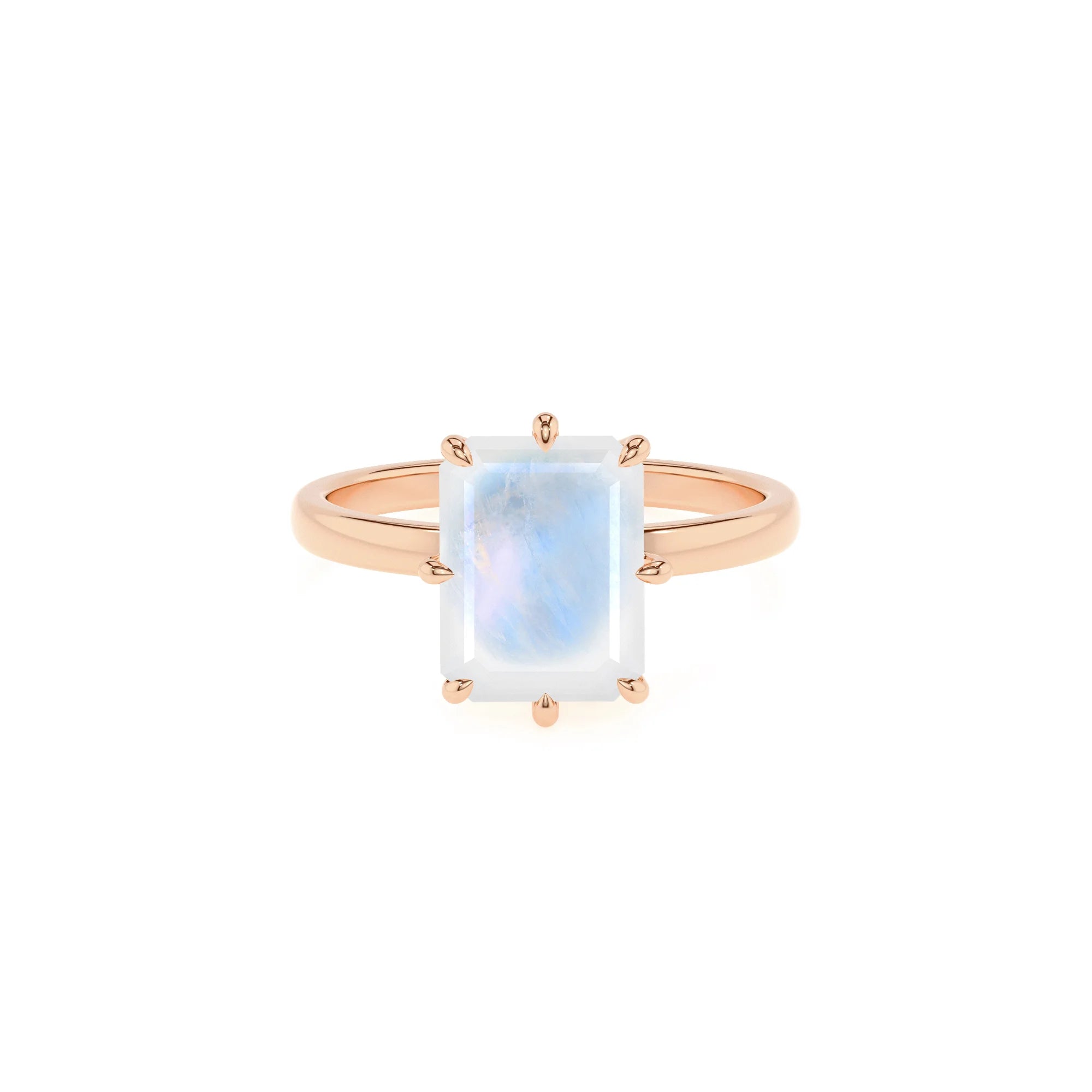 natural rainbow-moonstone emerald cut solitaire rings in rose gold